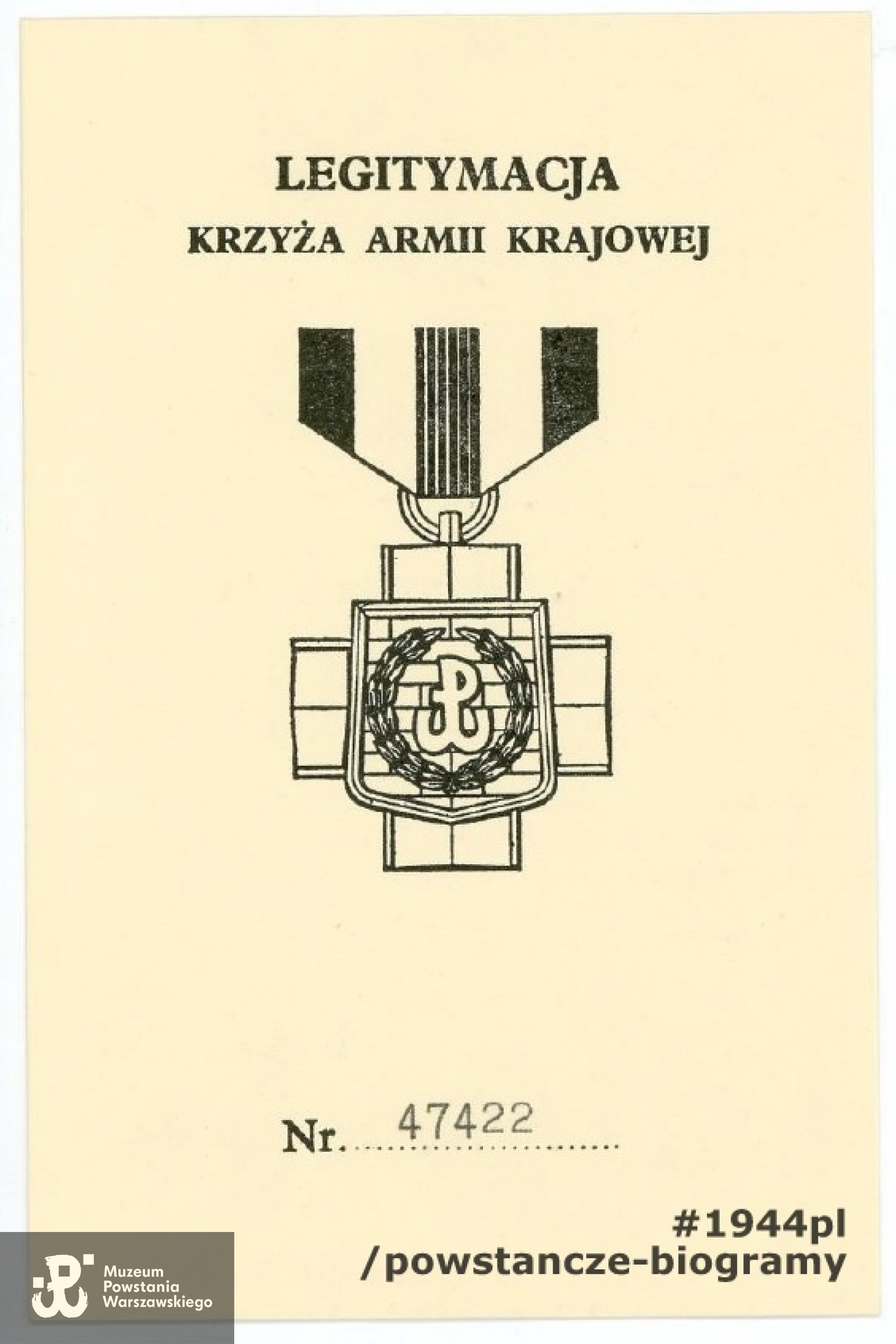 Legitymacja odznaczeniowa - Krzyż Armii Krajowej. Ze zbiorów rodzinnych, udostępnił p. Ryszard Olesiński