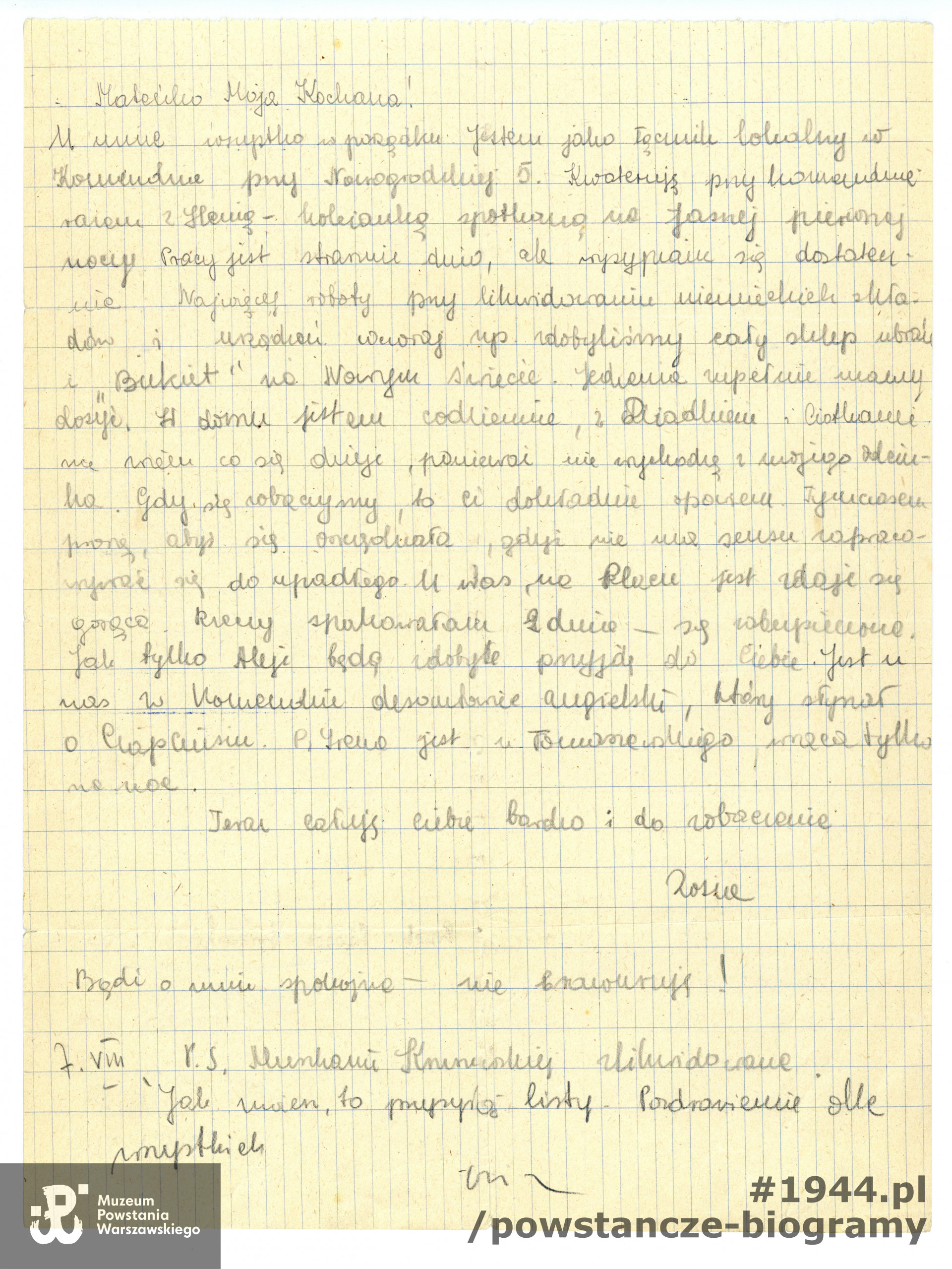 List do matki pisany przez Zofię podczas Powstania Warszawskiego. Ze zbiorów Muzeum Powstania Warszawskiego, sygn.  MPW-A/1121 (P/196)