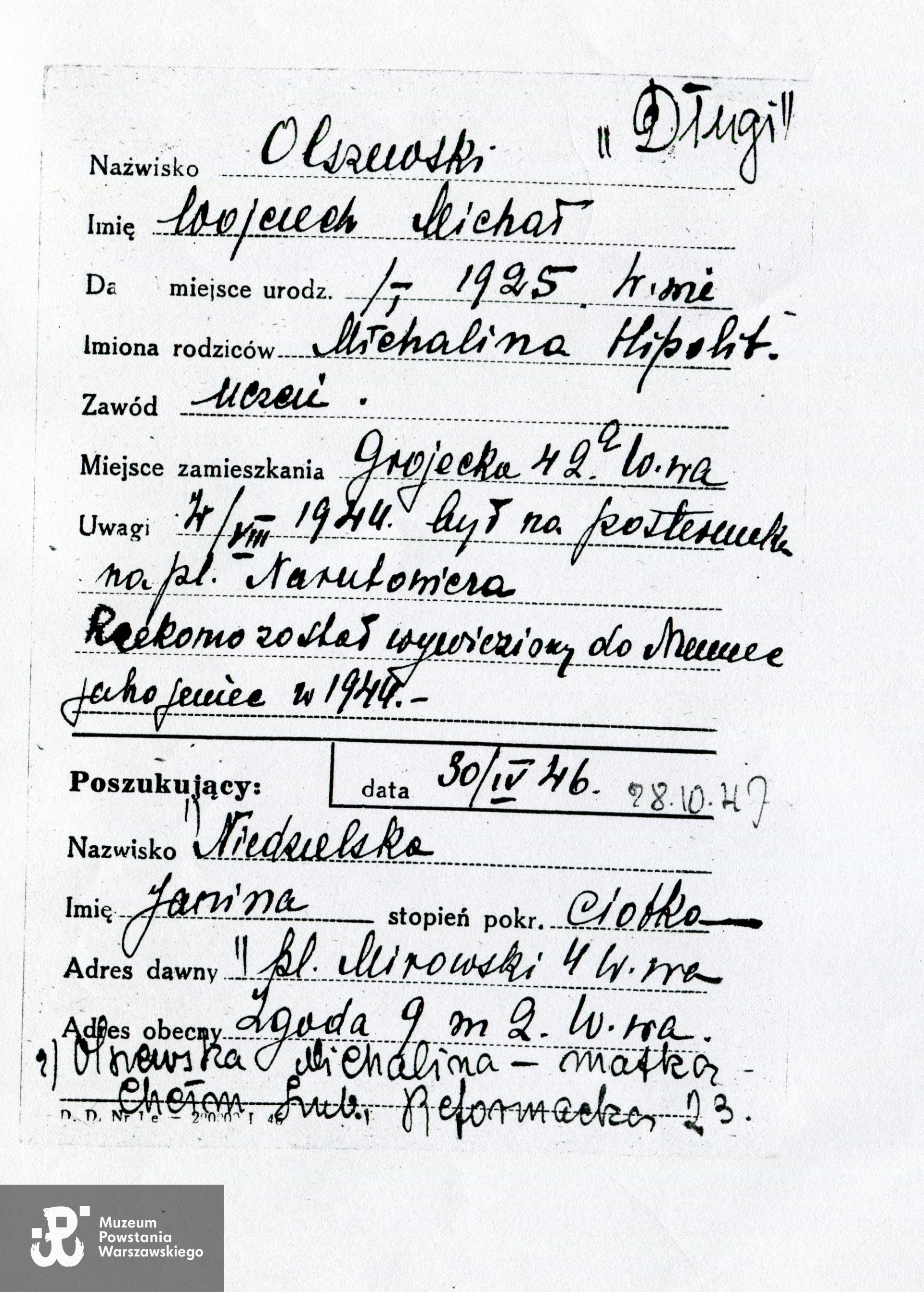 Polski Czerwony Krzyż - kartoteka,  kserokopia karty w dokumentacji Muru Pamięci MPW