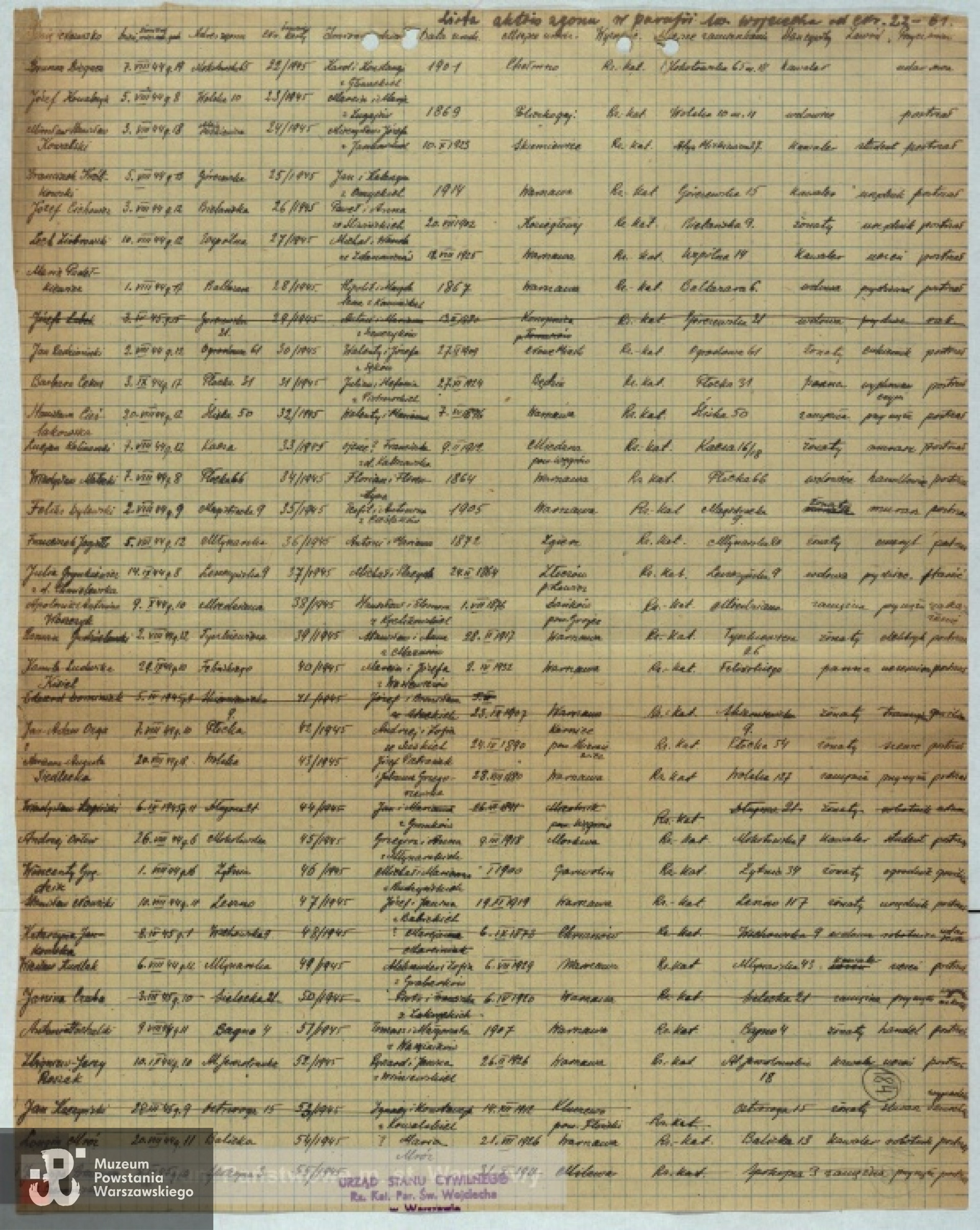 Lista ekshumacyjna ze zbiorów Archiwum Państwowego m. st. Warszawy