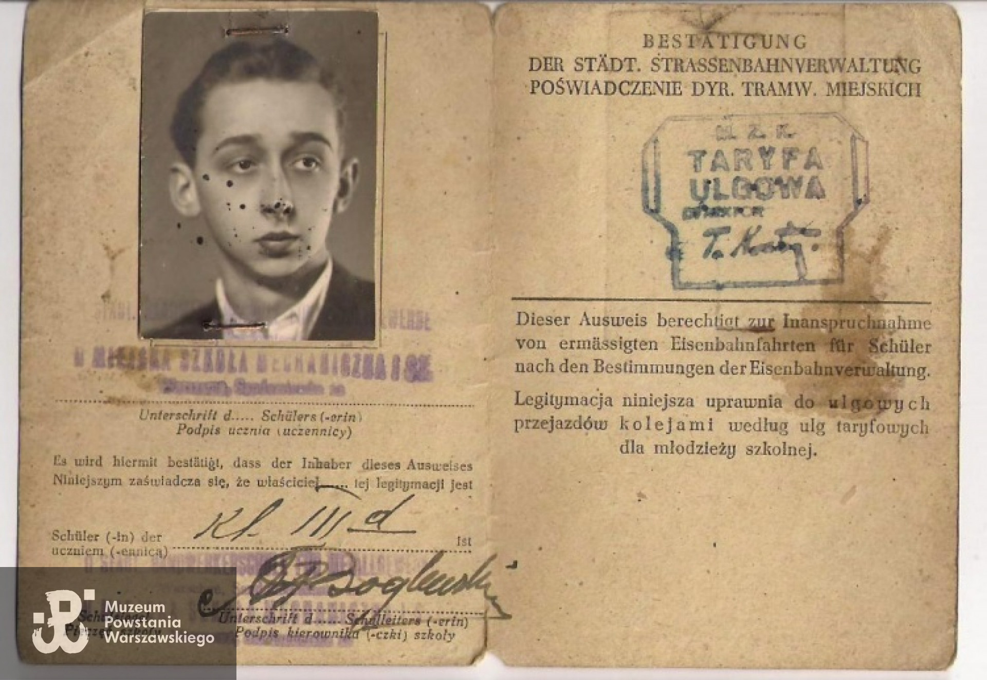 Legitymacja szkolna Jerzego Załęskiego na rok szkolny 1942/1943