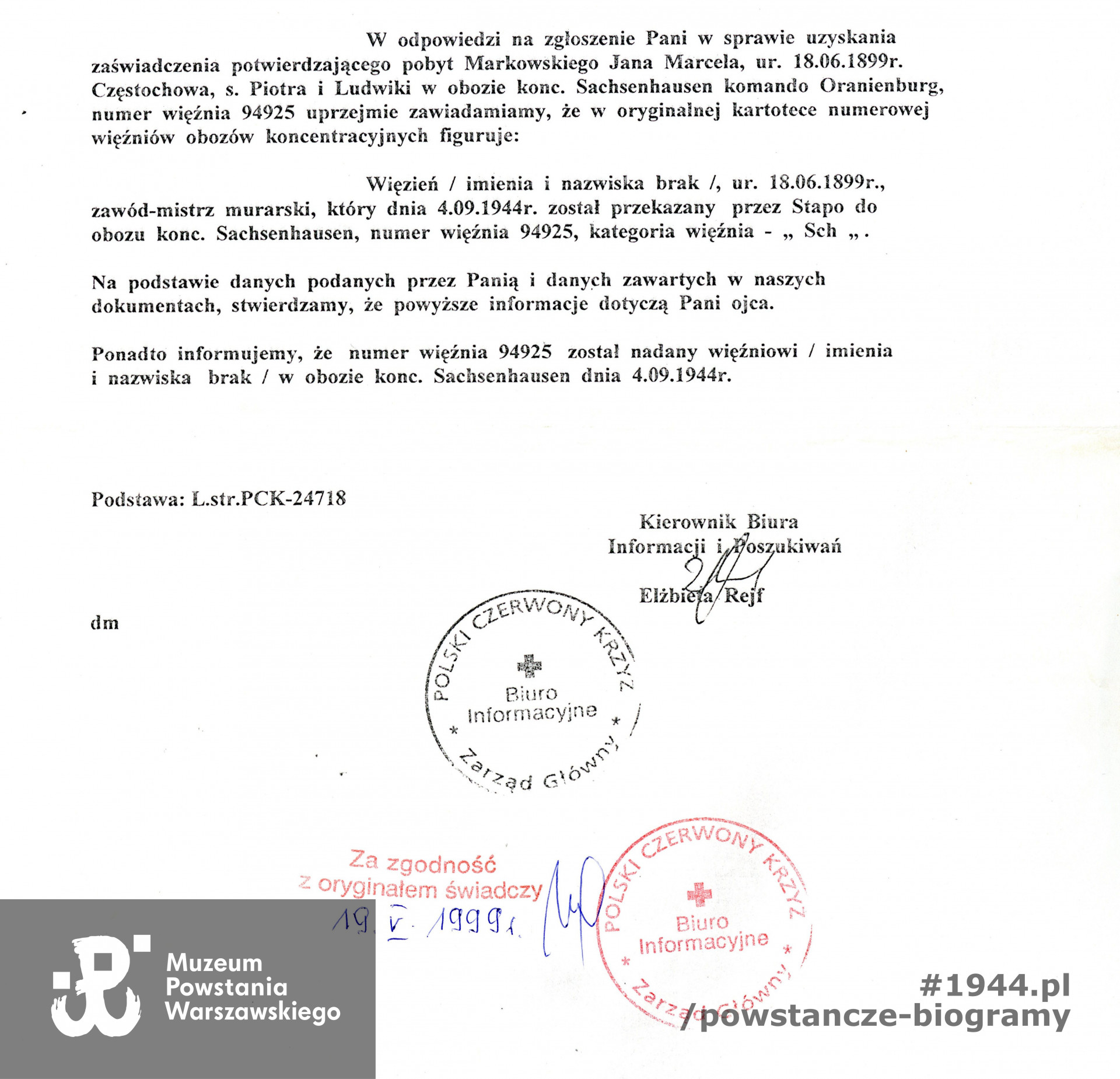 Polski Czerwony Krzyż - pismo w oparciu o L. strat PCK-24718