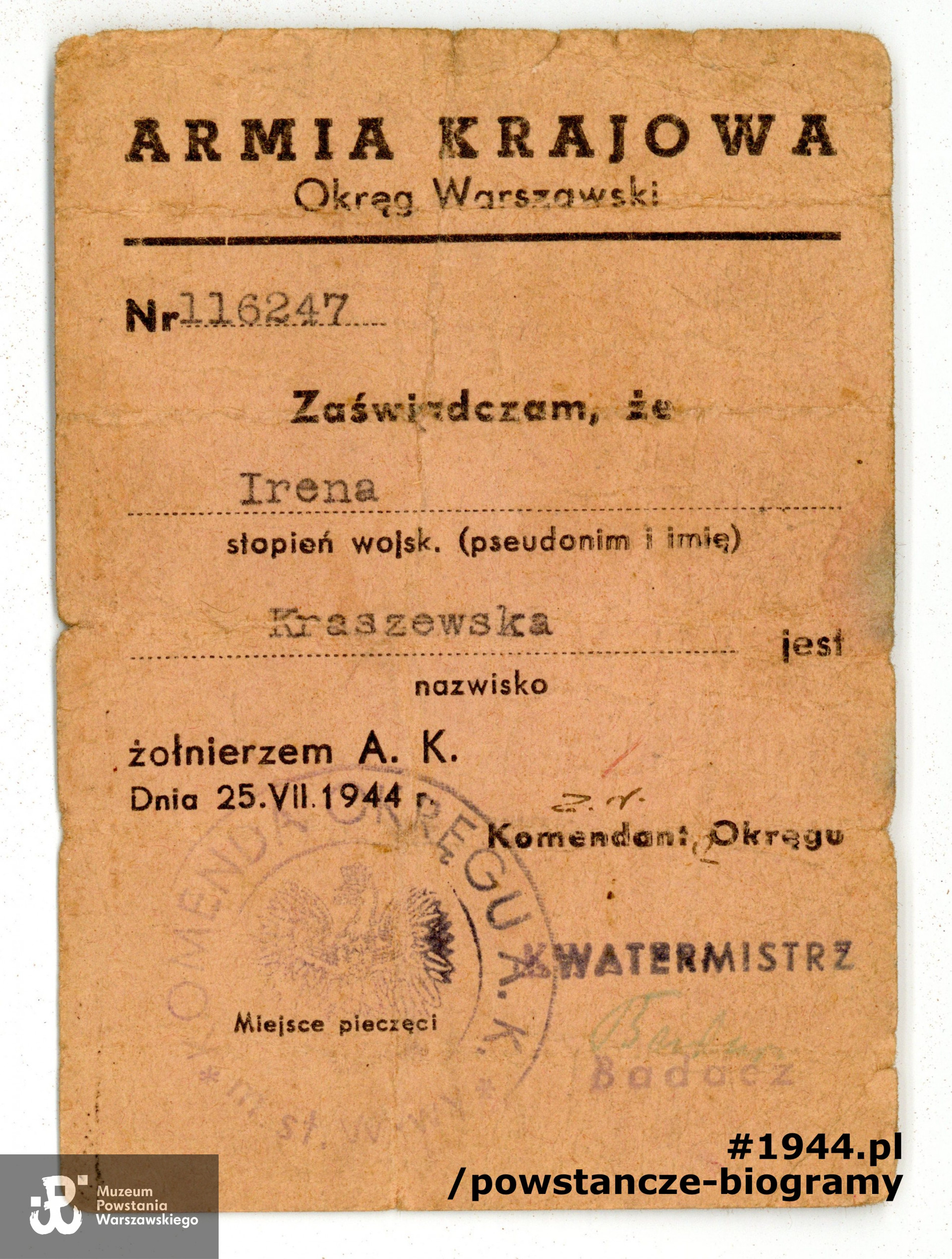 Należąca do Ireny  Kraszewskiej legitymacja Armii Krajowej z okresu Powstania Warszawskiego.  Dokument z archiwum rodzinnego, udostępniły córki, p. Elżbieta Majkowska i p. Sylwia Rojek