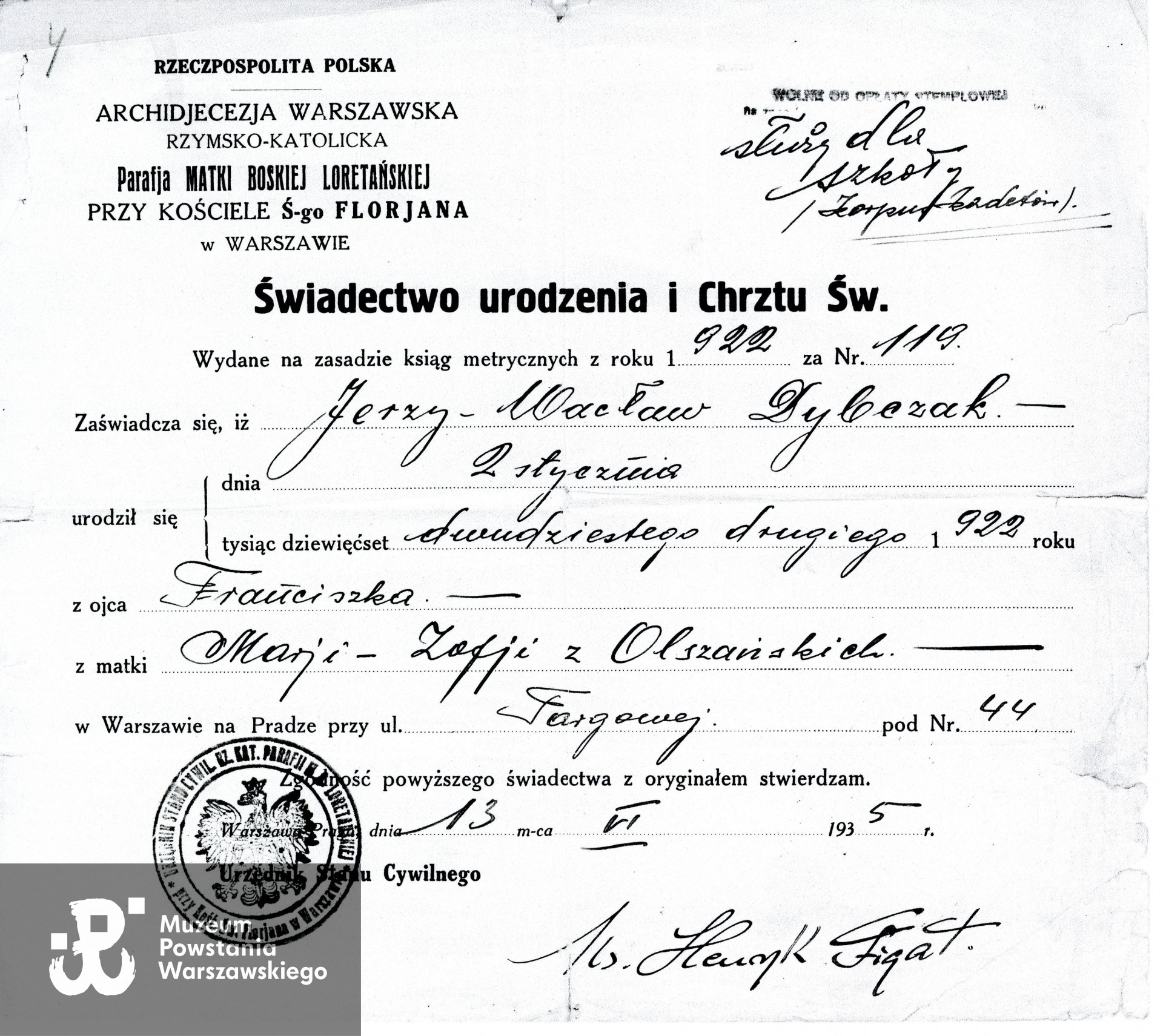 Kopia świadectwa urodzenia i chrztu, MPW-teczka