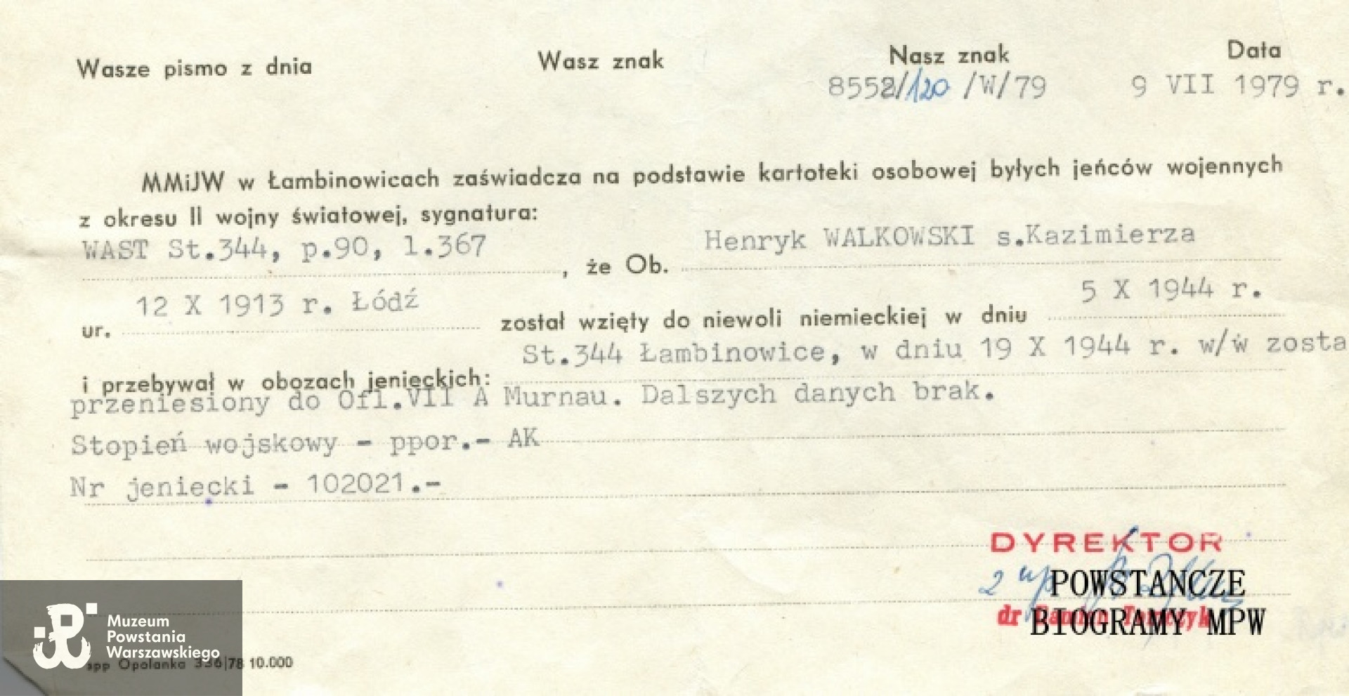 Zaświadczenie wydane przez Muzeum Jeńców Wojennych w Łambinowicach-Opolu. Fot. archiwum rodzinne