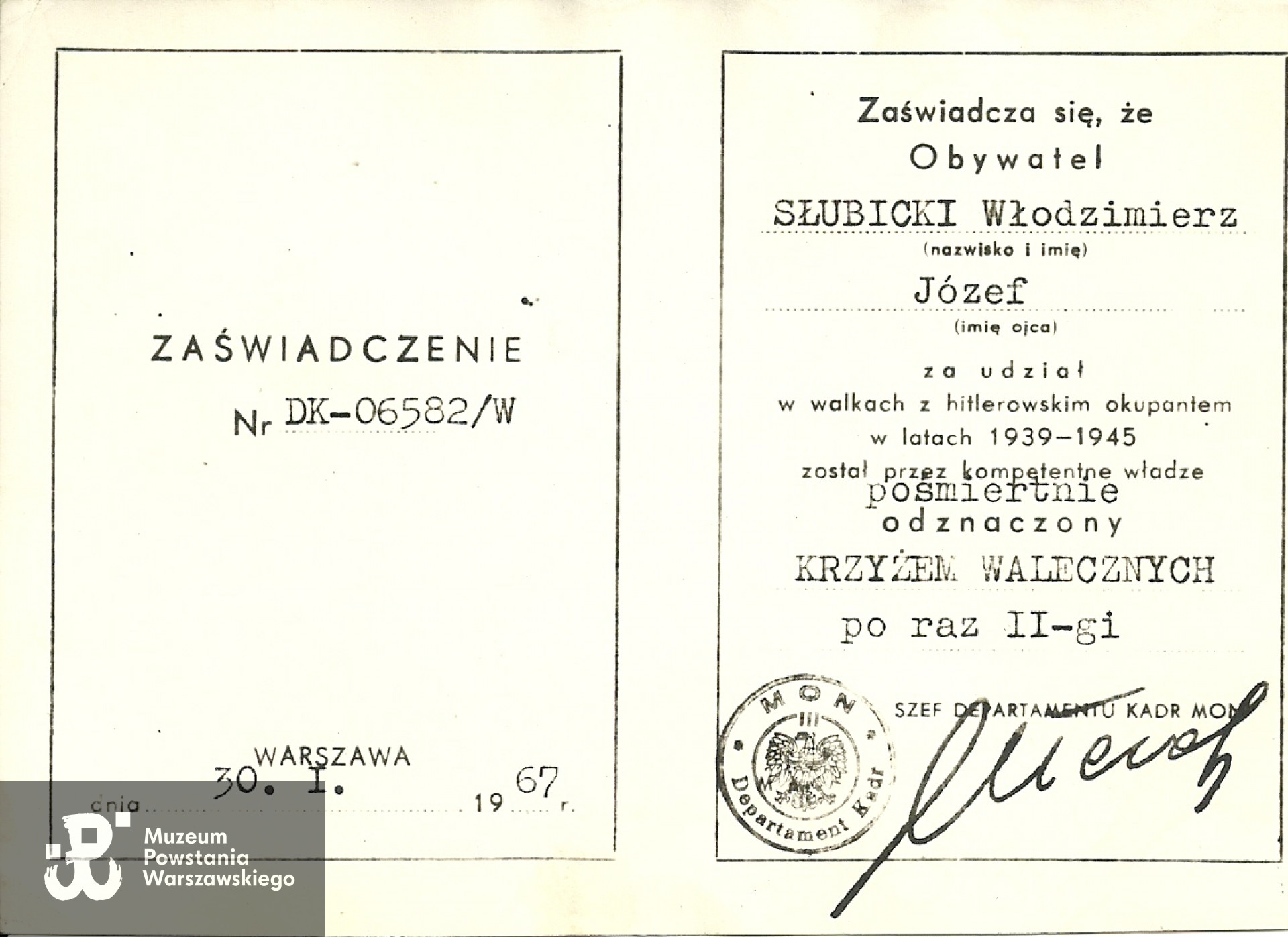 Legitymacja odznaczeniowa (kopia) - Krzyż Walecznych. Ze zbiorów rodzinnych, skan nadesłał p. Bogdan Horodyski