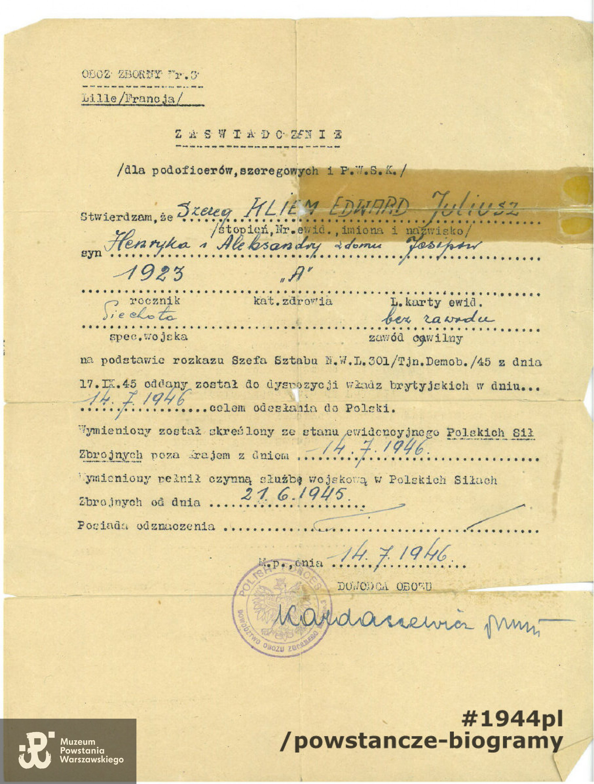 Zaświadczenie o służbie Edwarda Kliema w Polskich Siłach Zbrojnych we Francji po uwolnieniu z obozu. Dok. z archiwum rodzinnego Edwarda Kliema.