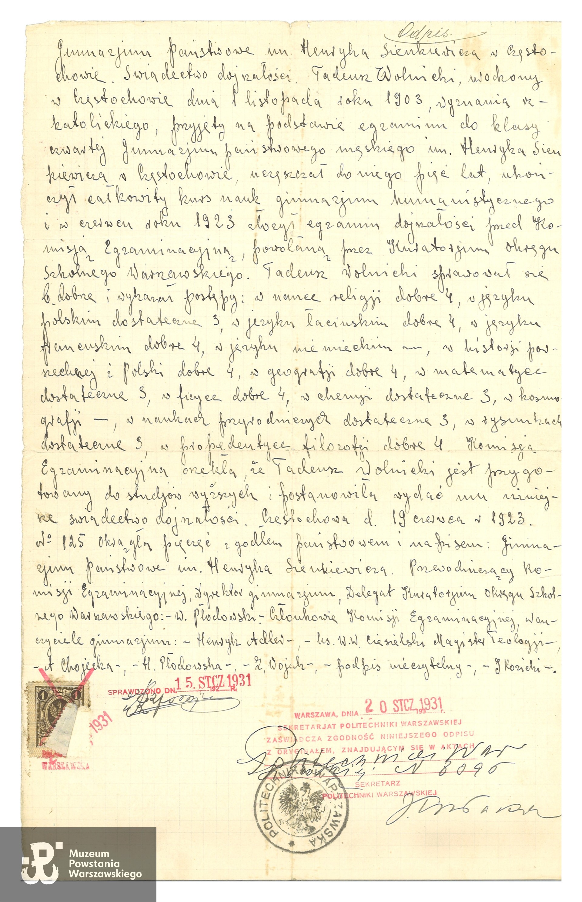 Odpis matury Tadeusza Wolnickiego, 1931. Ze zbiorów rodzinnych p. Zbigniewa Grzegorza Wolnickiego, syna Powstańca, skan udostępniła dr Katarzyna Wolnicka, wnuczka (2024)