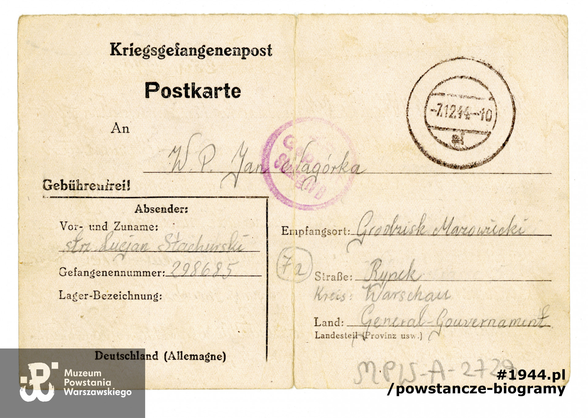 Korespondencja obozowa - ze zbiorów Muzeum Powstania Warszawskiego, sygn.  MPW-A/2728 (P/1909)