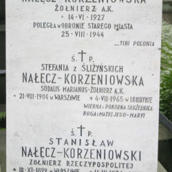Cmentarz Powązkowski w Warszawie (Stare Powązki), kwatera 26, rząd 1, miejsce 18/18 - tablica epitafijna Teresy Nałęcz-Korzeniowskiej. Fot. udostępnił p. Jan Wawszczyk.