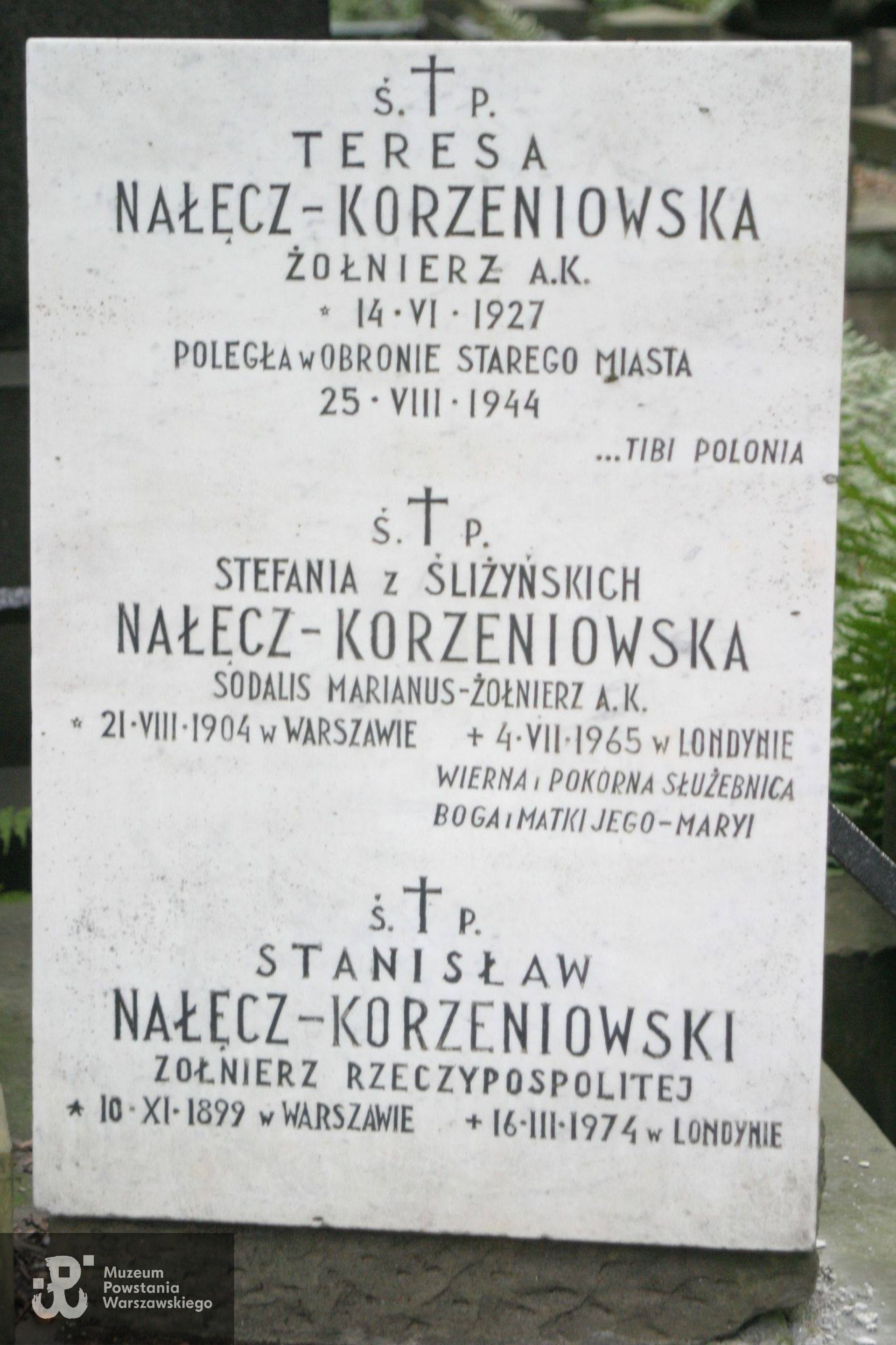 Cmentarz Powązkowski w Warszawie (Stare Powązki), kwatera 26, rząd 1, miejsce 18/18 - tablica epitafijna Teresy Nałęcz-Korzeniowskiej. Fot. udostępnił p. Jan Wawszczyk.