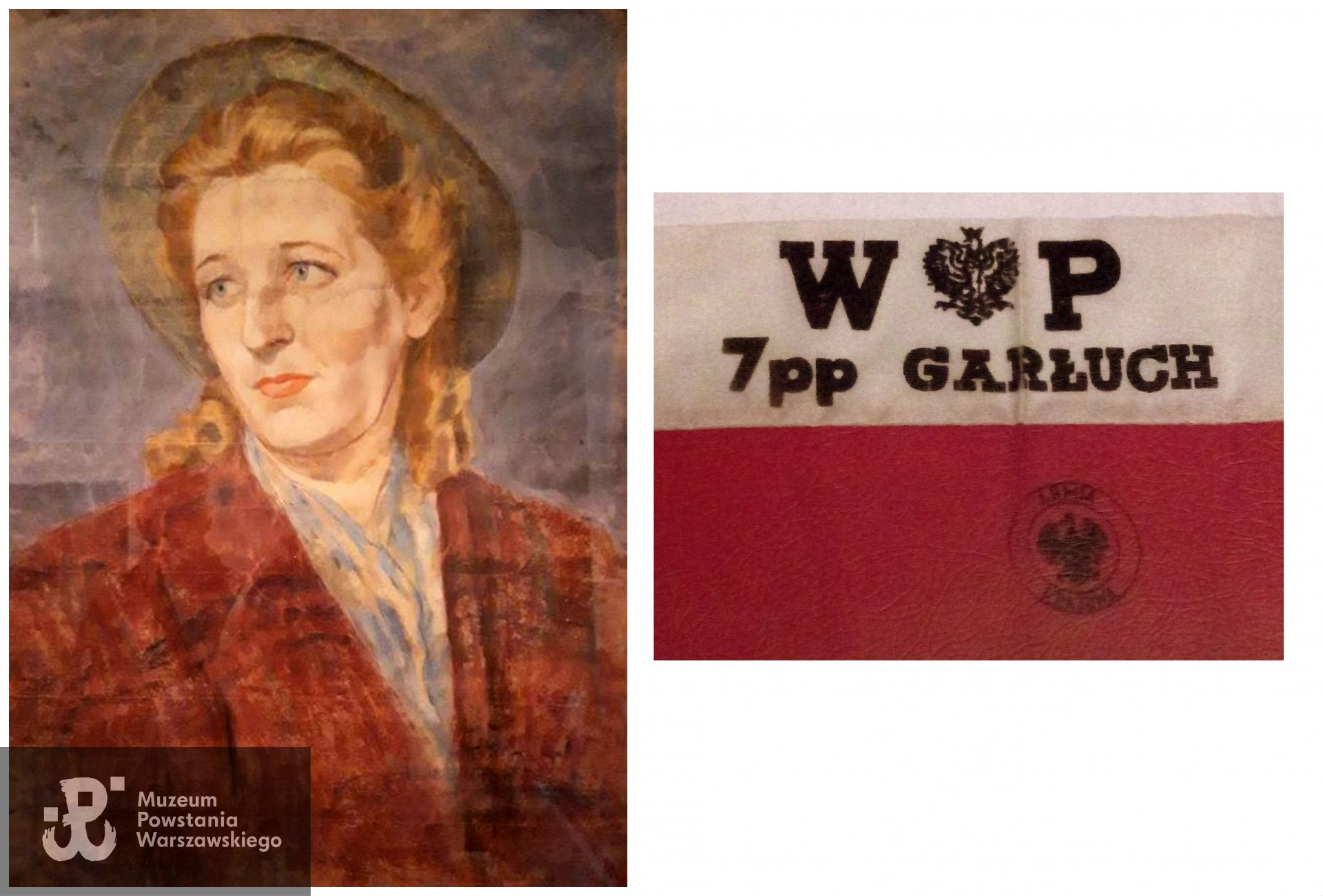 Maria Wierzbicka przed wybuchem Powstania Warszawskiego. Portret wydobyty z gruzów, przetrwał Powstanie Warszawskie. Obok opaska kombatancka środowiska byłych żołnierzy 7 pp Garłuch.  Źródło: archiwum rodzinne -  za pośrednictwem Działu Edukacyjnego MPW