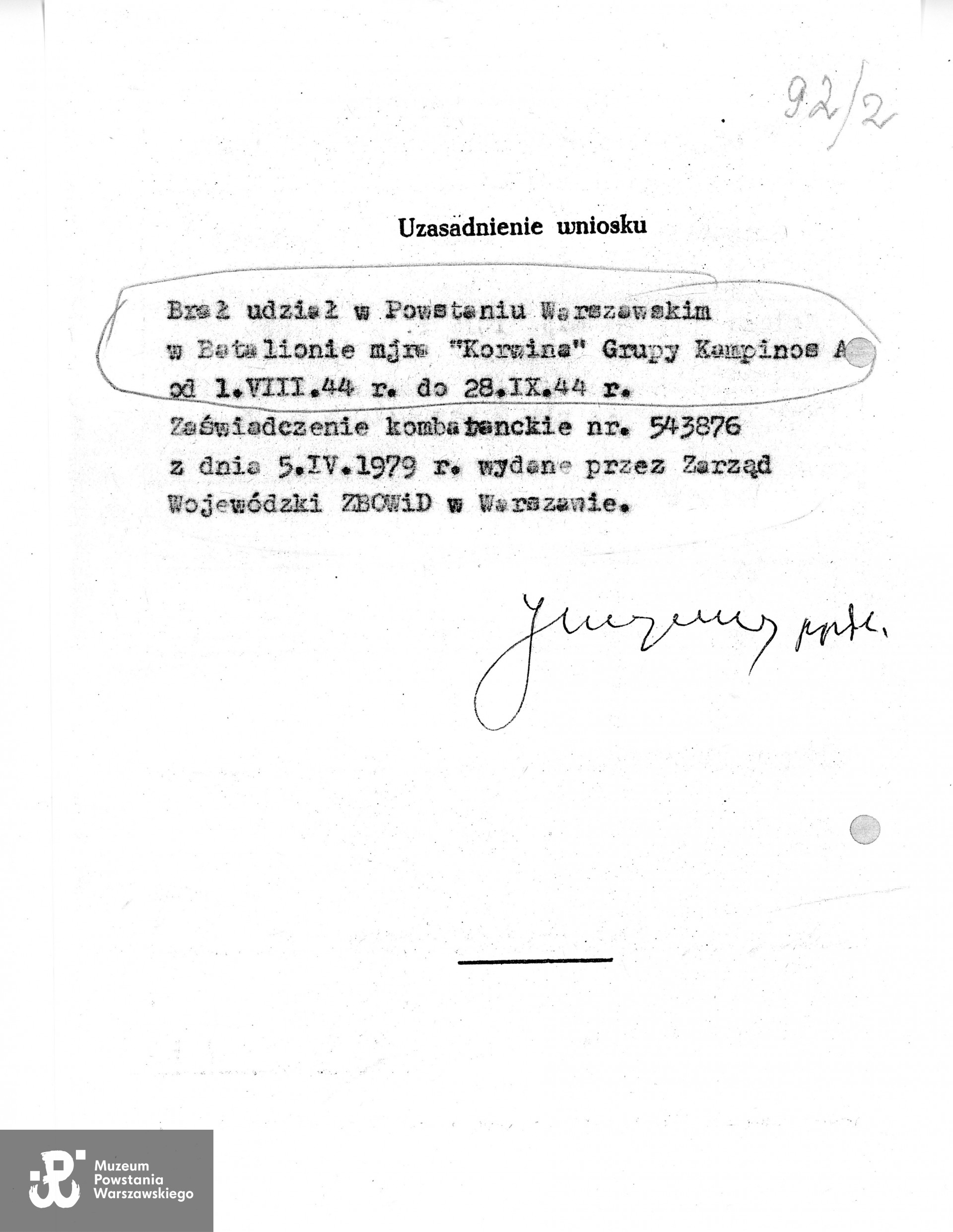 Wniosek o odznaczenie Jana Groneckiego "Nawrota" Warszawskim Krzyżem Powstańczym. Źródło kserokopii: Teczki personalne uczestników Powstania Warszawskiego: Gronecki Jan "Nawrot"