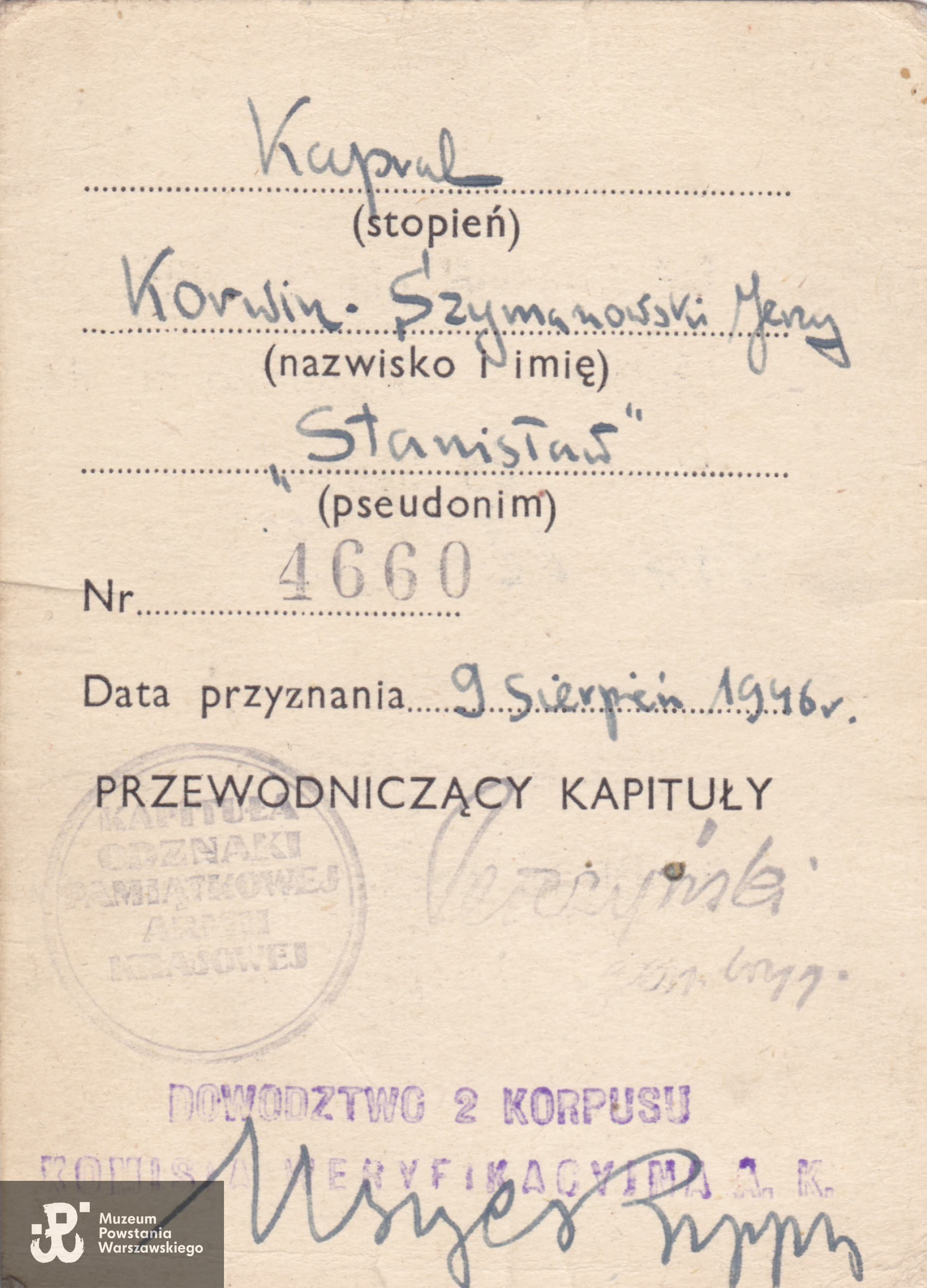 Legitymacja Odznaki Pamiątkowej AK. Z archiwum rodzinnego Ireny Henderson 