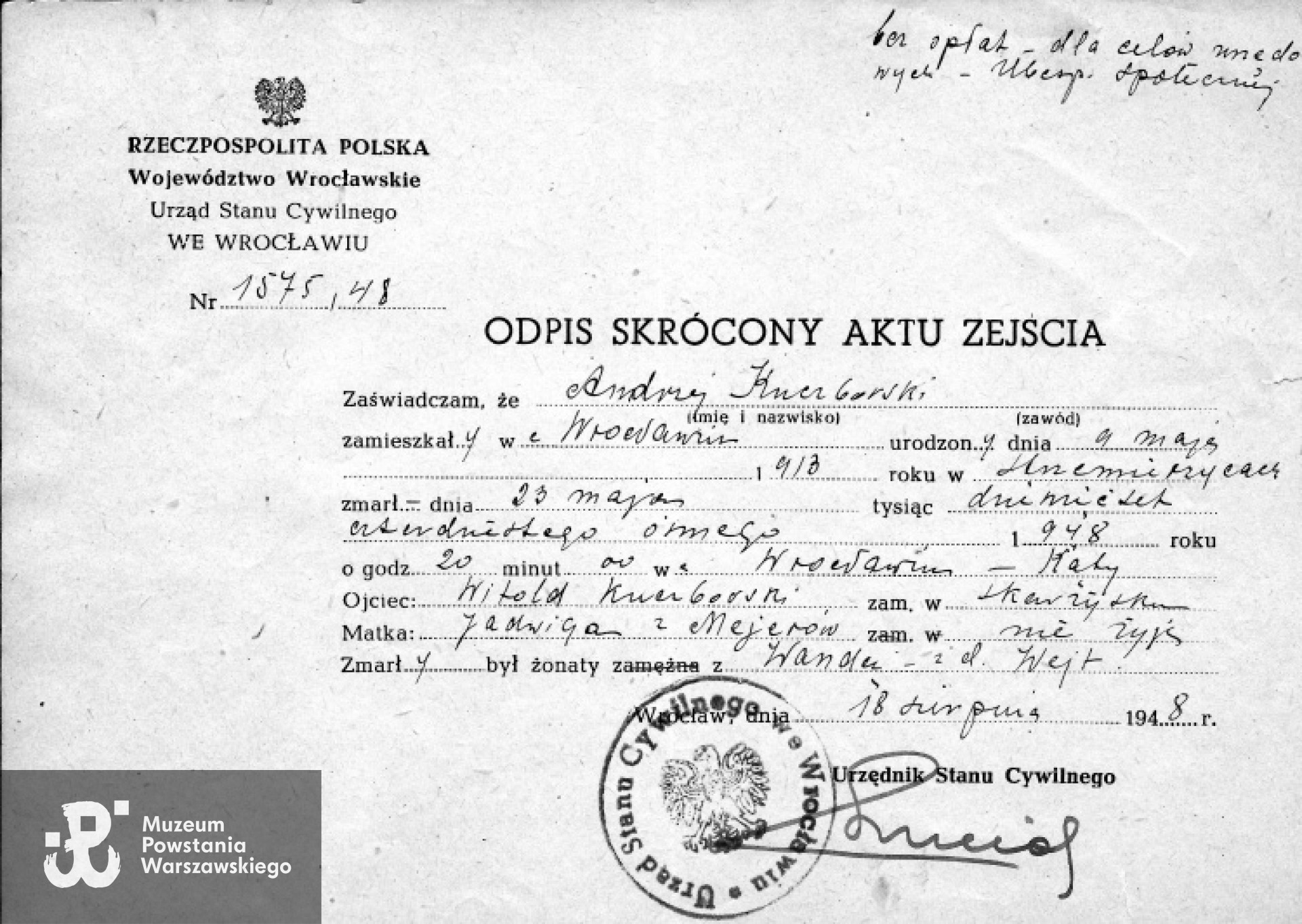 Odpis skrócony Aktu Zejścia