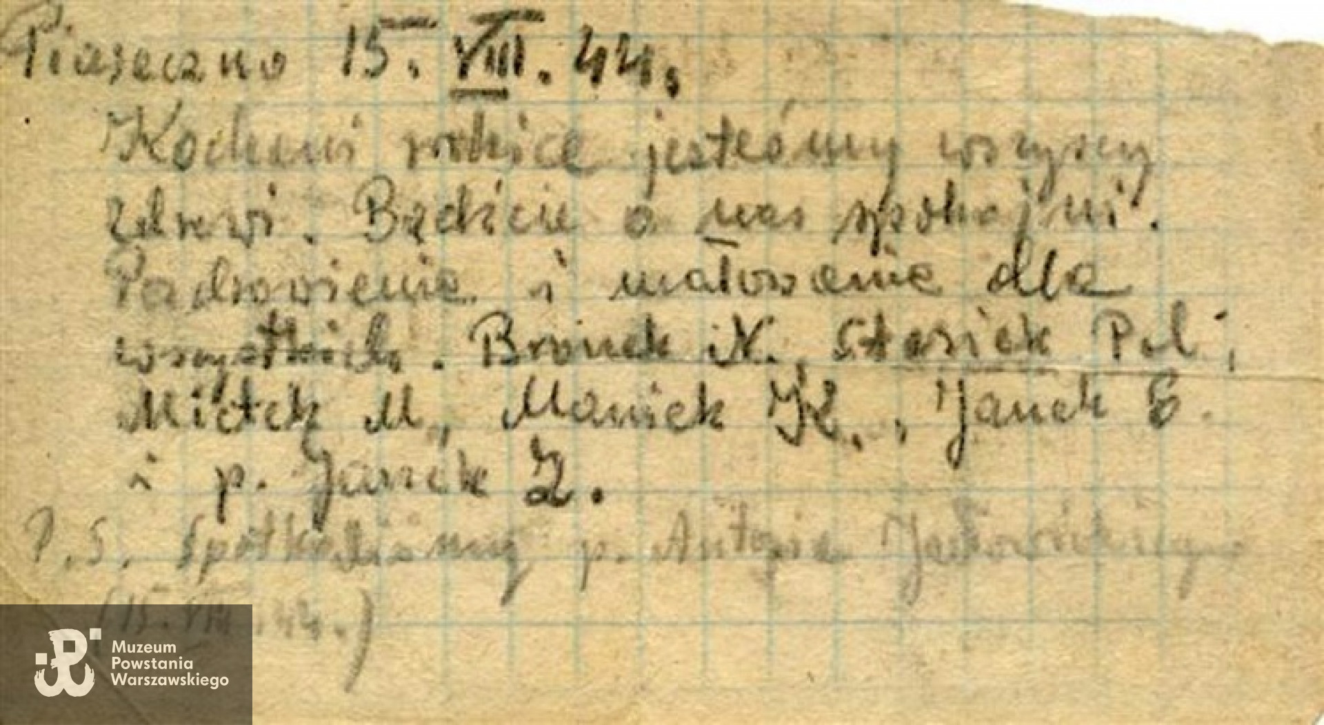 Listo do rodziców pisany 15.08.1944 r. w Piasecznie