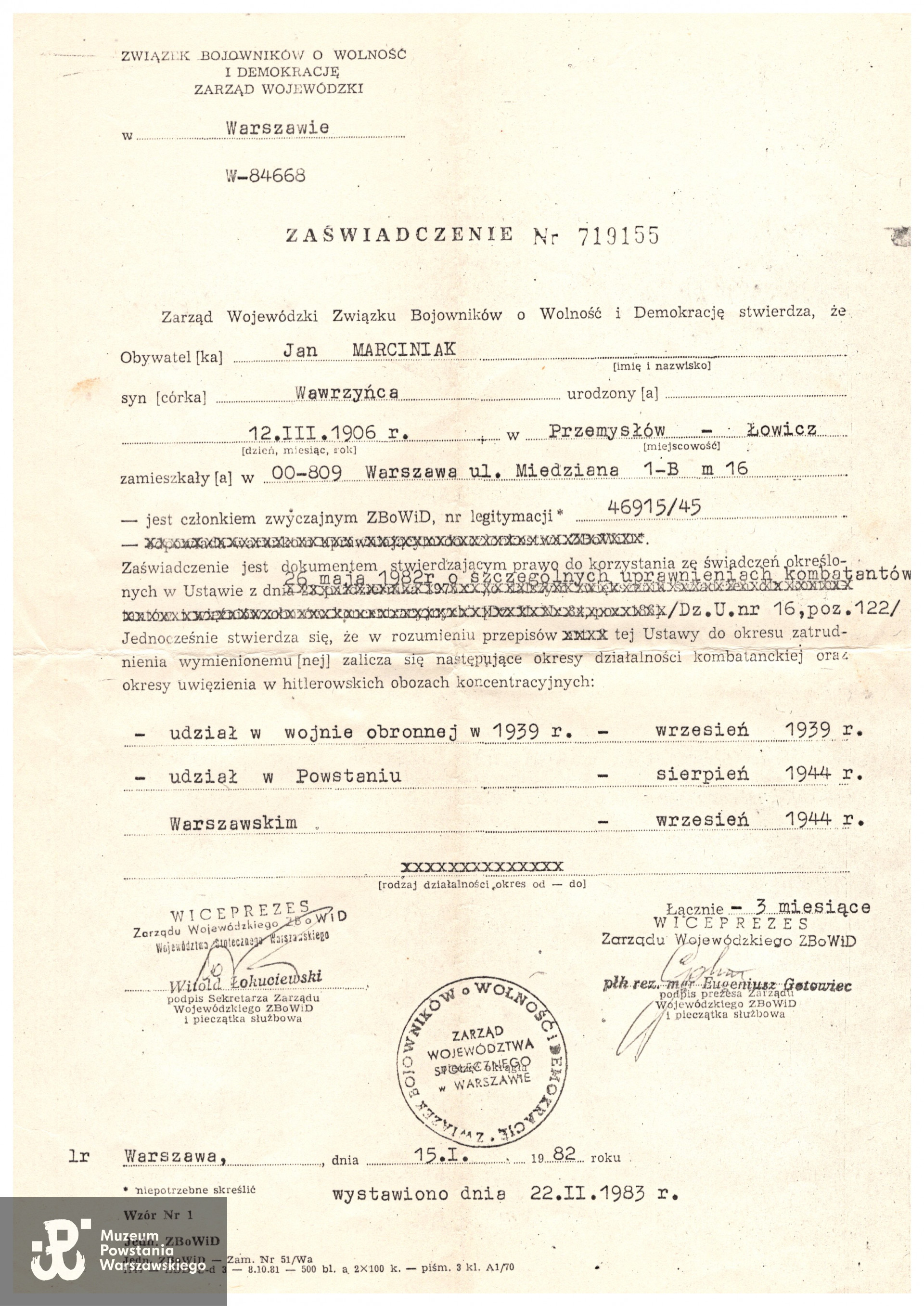 Dokument ze zbiorów rodzinnych, udostępnił p.  Dariusz Skalski, wnuk Powstańca. Skany wykonano w Dziale Kombatanta MPW w styczniu 2024.