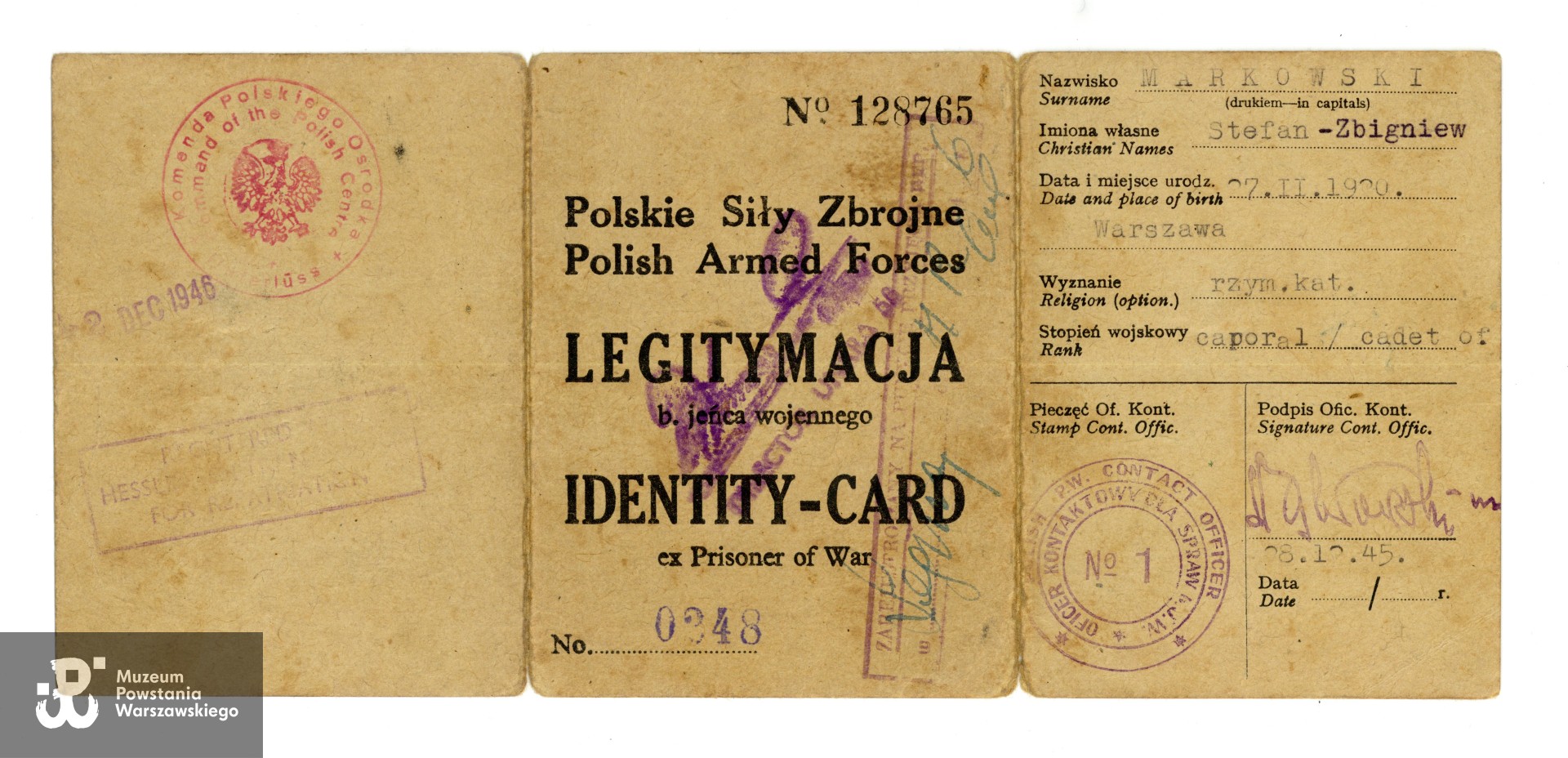 Legitymacja Byłego Jeńca Wojennego wystawiona na nazwisko Zbigniewa  Markowskiego ps. Grey.   Ze zbiorów rodzinnych p. Bartosza Markowskiego, wnuka Powstańca. Skan wykonano w Muzeum Powstania Warszawskiego, 11/2025