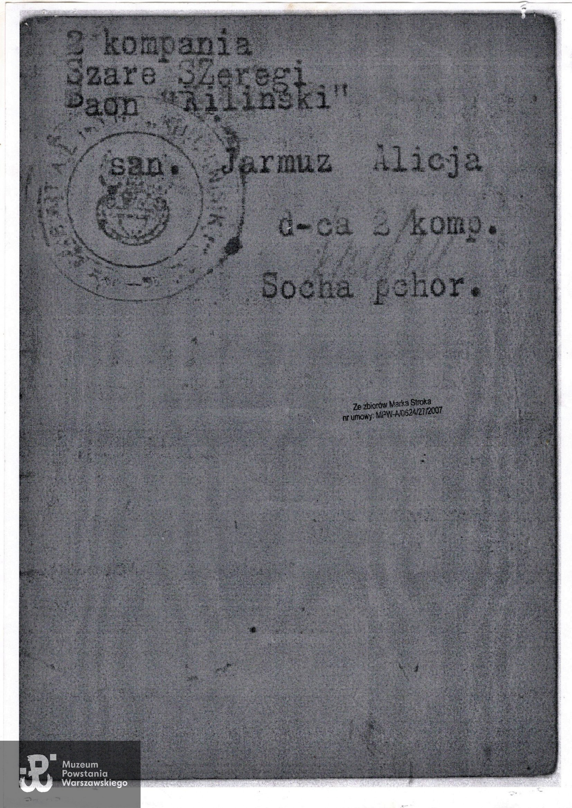 Kserokopia należącej do Alicji Treutler legitymacji AK.  Źródło: Teczki personalne uczestników Powstania Warszawskiego: Treutler-Biega Alicja