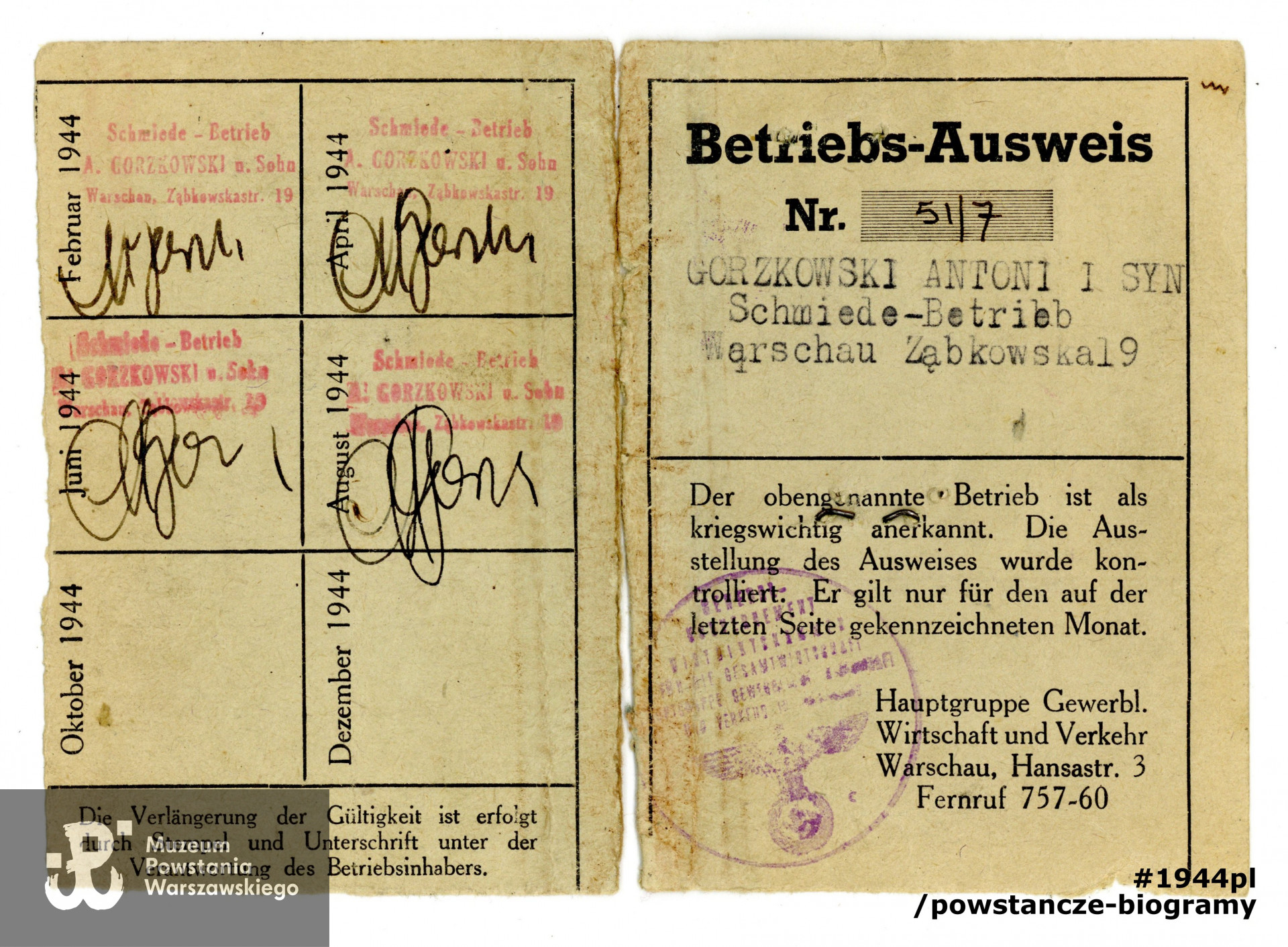Legitymacja pracownicza (Betriebs-Ausweis) Zofii  Gorzkowskiej, wystawiona przez firmę "Gorzkowski Antoni i Syn, Warszawa, ul. Ząbkowska 19".  Archiwum rodzinne p. Małgorzaty Cendrowskiej - Olechno, córki, skan wykonano w Muzeum Powstania Warszawskiego w sierpniu 2021 r. 