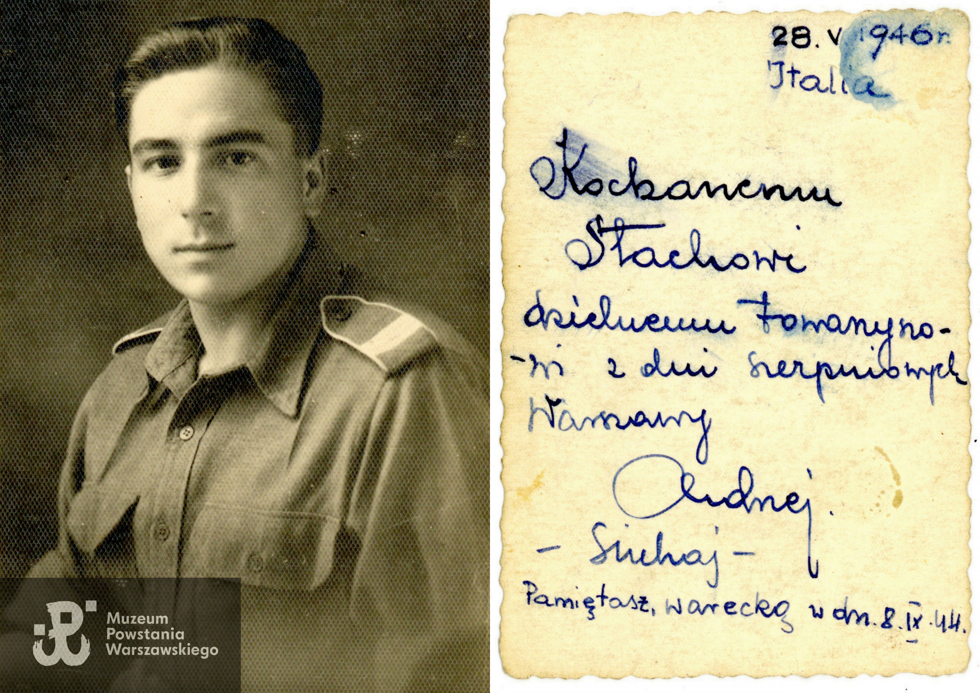 Pamiątkowa fotografia z dedykacją ofiarowana w 1946 roku Stanisławowi Kowalewskiemu przez przyjaciela z Powstania, kpr. pchor. Andrzeja Ferencowicza ps. Siuchaj. Na dole dopisek: "Pamiętasz Warecką w dn. 8 IX 1944". Ze zbiorów rodzinnych p. Arkadiusza Kowalewskiego, syna Stanisława Kowalewskiego ps, Komar. Skany wykonano w Muzeum Powstania Warszawskiego, 08/2022.