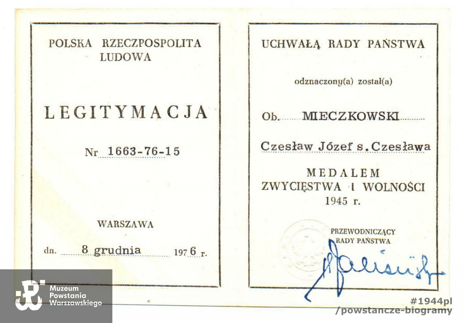 medal Zwycięstwa i Wolności 1945 - legitymacja. Dokument ze zbiorów rodzinnych. Skany wykonano w Pokoju Kombatanta MPW, 2019 r. 