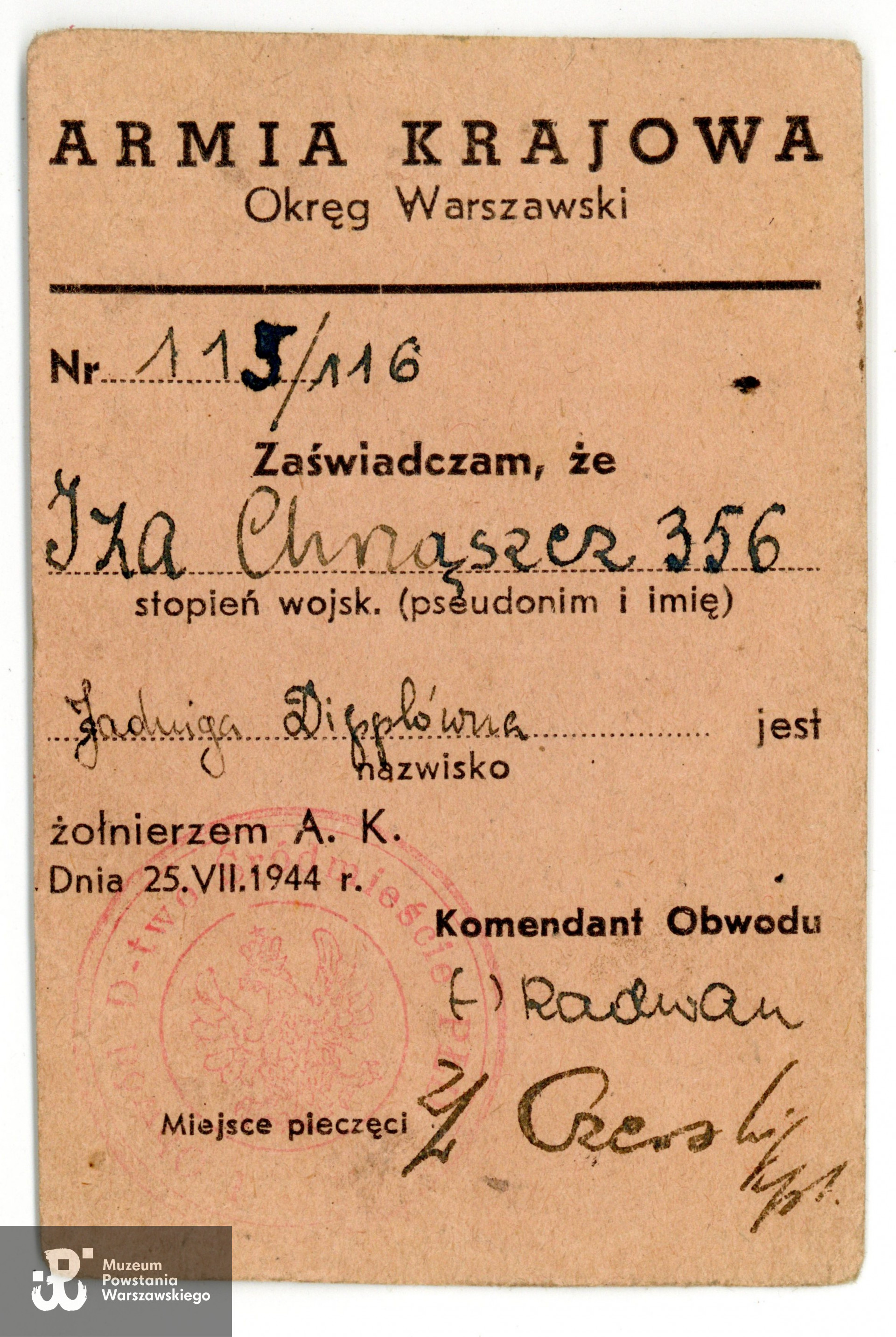 Legitymacja Armii Krajowej wystawiona na nazwisko Jadwiga Dipplówna - "Jadwiga Chrząszcz". Dokument ze zbiorów prywatnych p. Jadwigi Dippel - Bossowskiej.