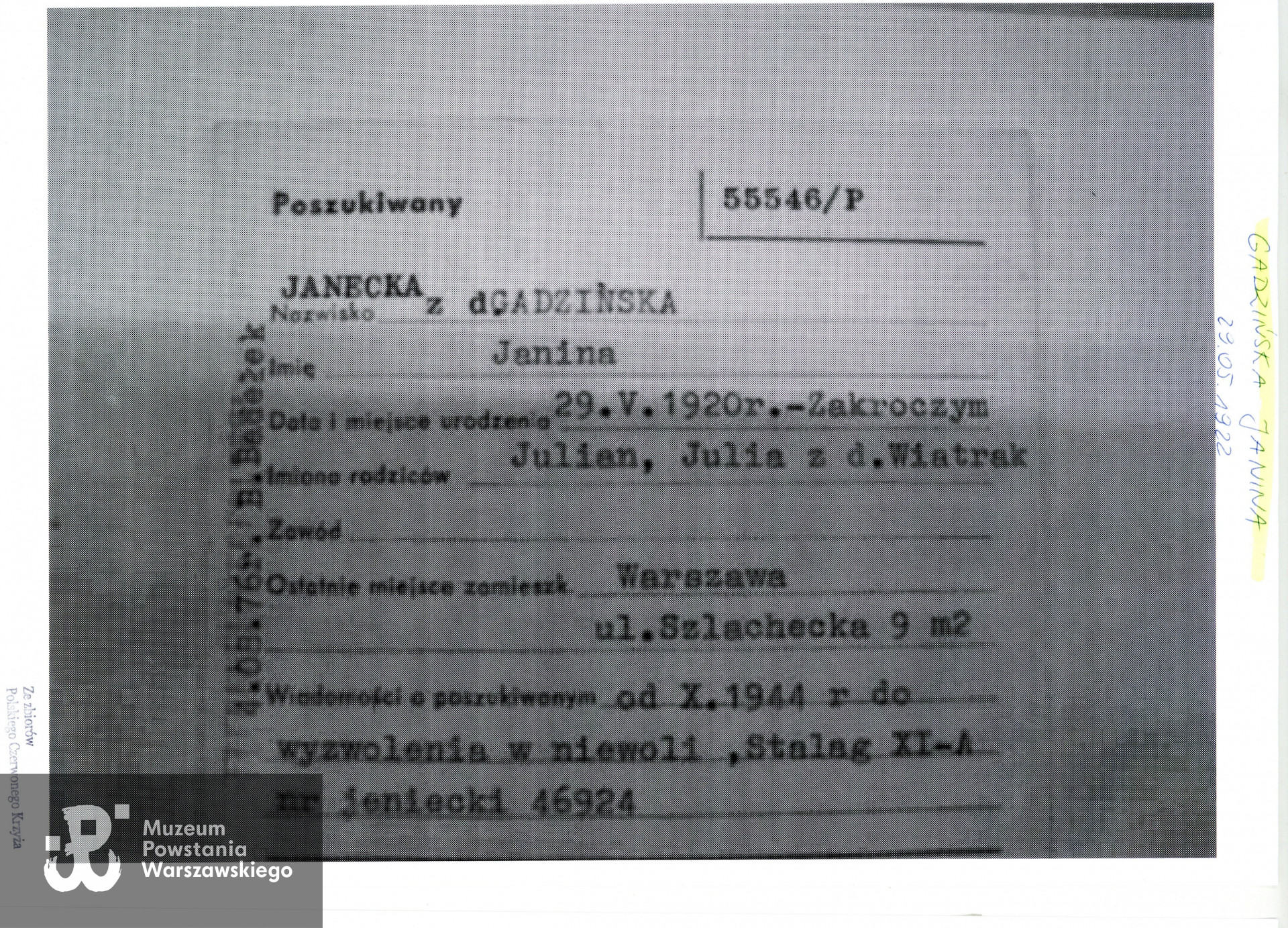 PCK - kartoteka. Tu jako Janecka z domu Gadzińska Janina, urodzona 29.05.1920, miejsce urodzenia Zakroczym, numer jeńca 46924, rodzice Julian i Julia z domu Wiatrak.