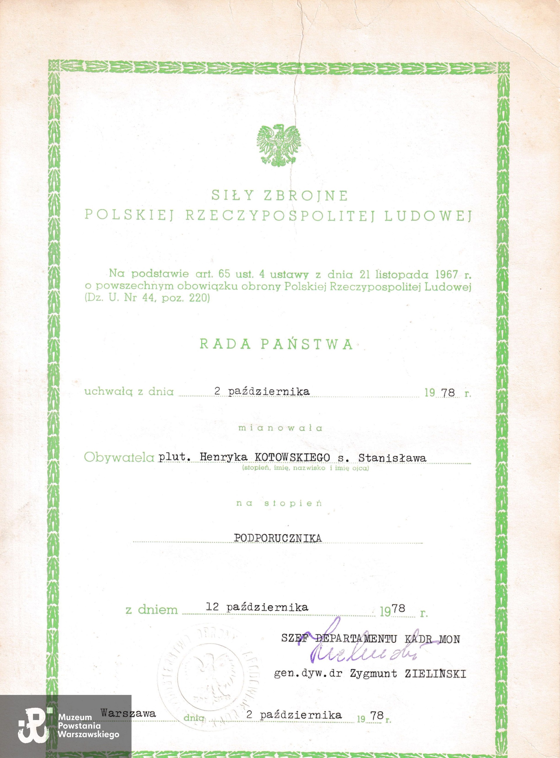 Dokument ze zbiorów p. Stanisława Kotowskiego, syna Powstańca