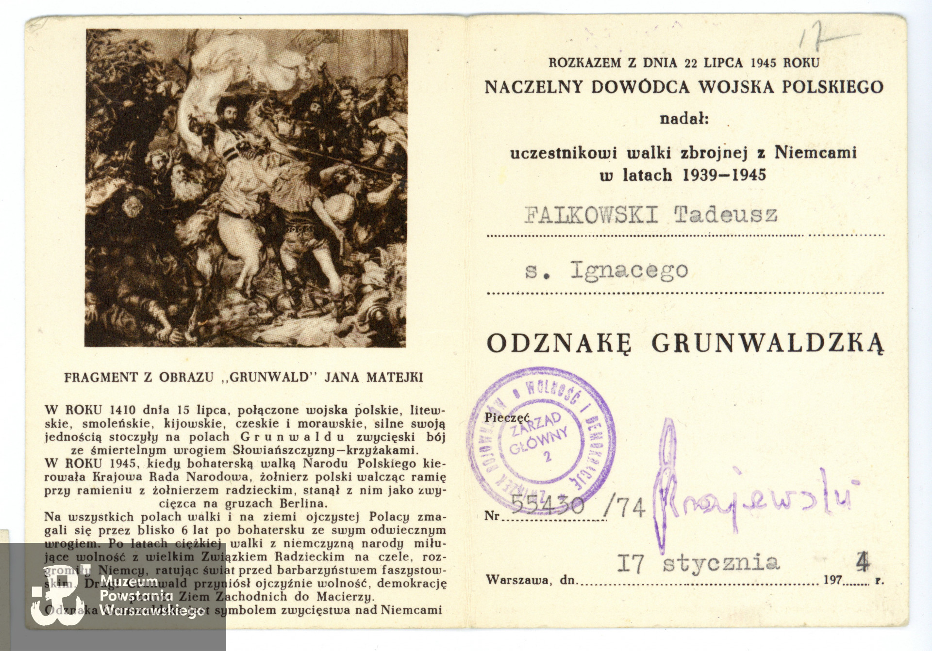 Odznaka Grunwaldzka. Ze zbiorów prywatnych p. Mikołaja Paciorka