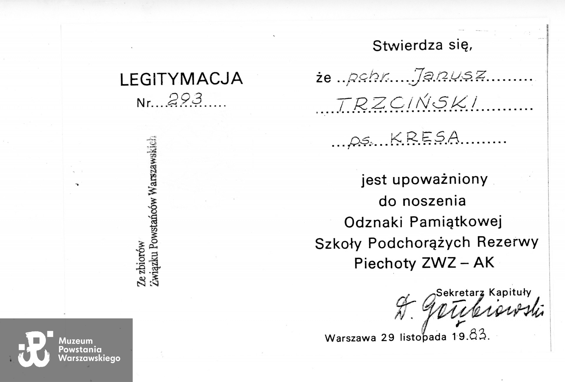 Muzeum Powstania Warszawskiego, Teczki personalne uczestników PW: Trzciński Janusz „Kresa", zbiory Pokoju Kombatanta MPW