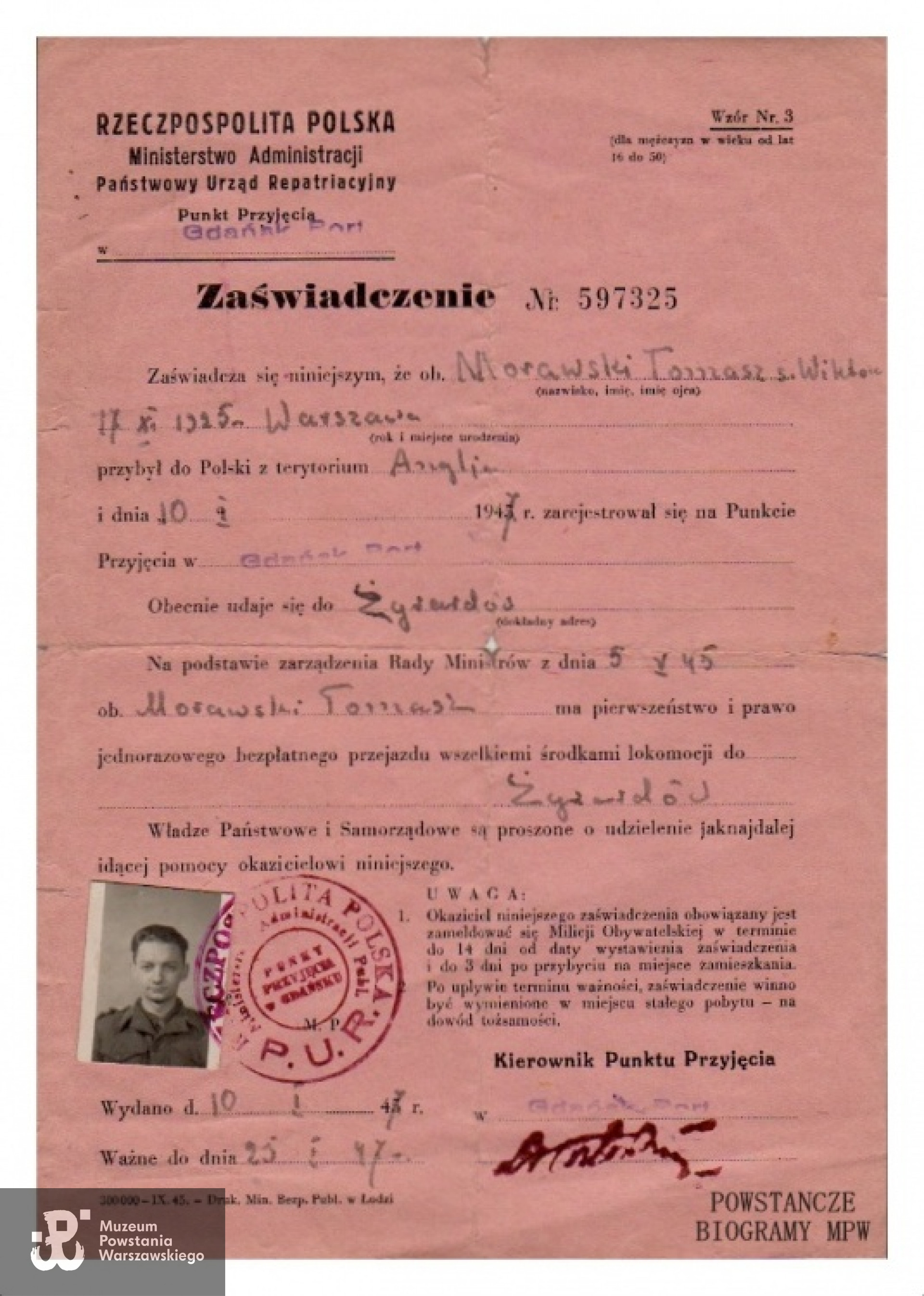Zaświadczenie powrotu do kraju  - 1947 r. Z archiwum rodzinnego Marka Morawskiego.