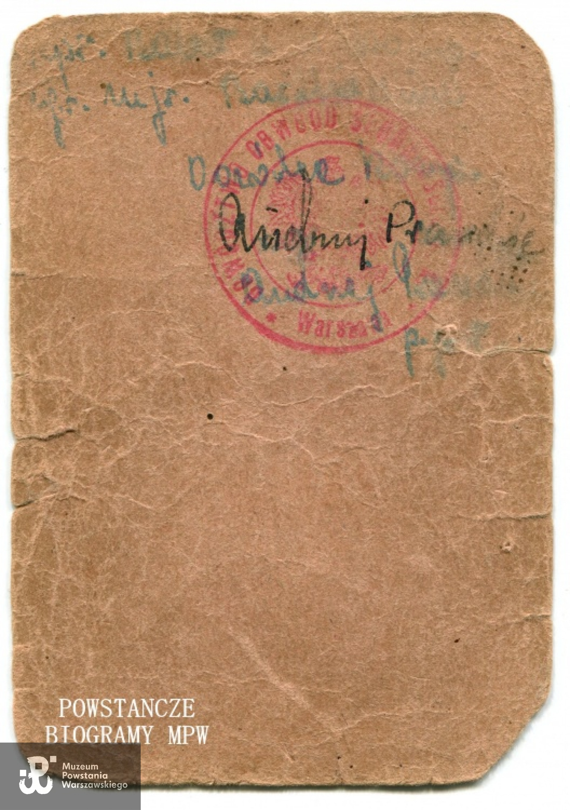 Legitymacja AK Antoniego  Balcerzaka "Balcera"  - rewers. Archwimu rodzinne/ MPW