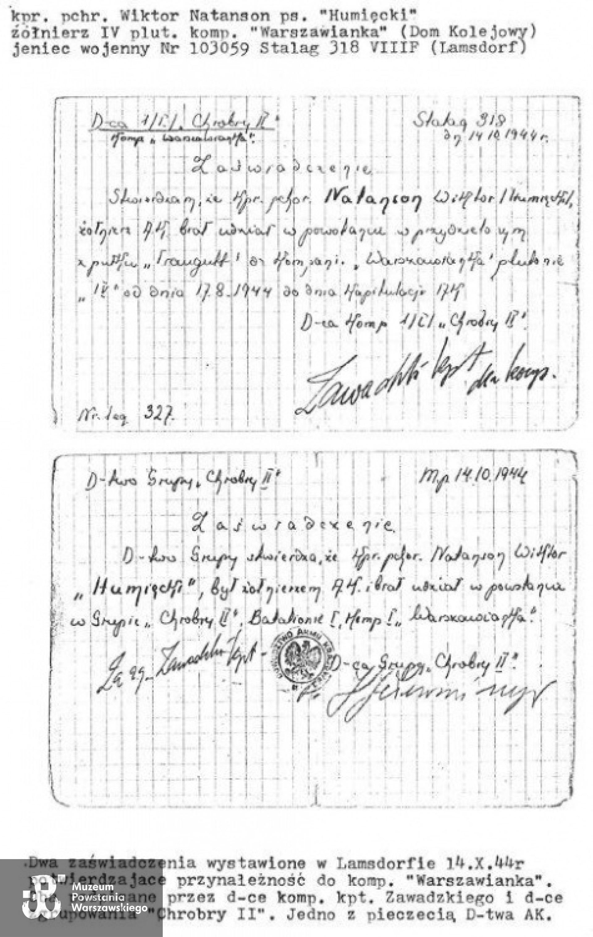 Zaświadczenia o służbie wojskowej w kompanii „Warszawianka” - Lamsdorf 1944