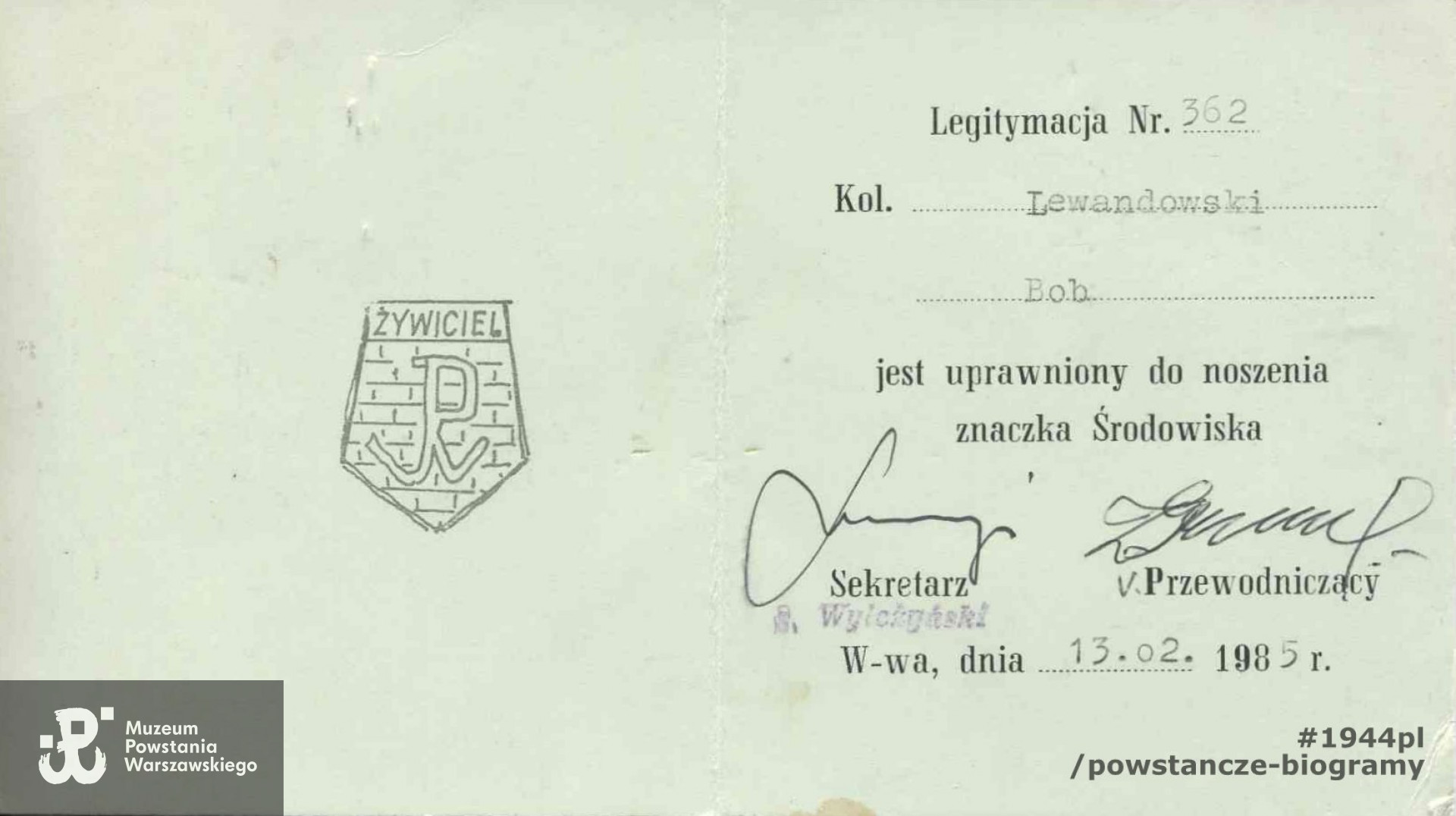 Legitymacja członkowska Środowiska Żołnierzy 8 DP AK im. Romualda Traugutta - "Żywiciel. Zbiory Muzeum Powstania Warszawskiego, sygn. MPW-A/5663 (P/5478).