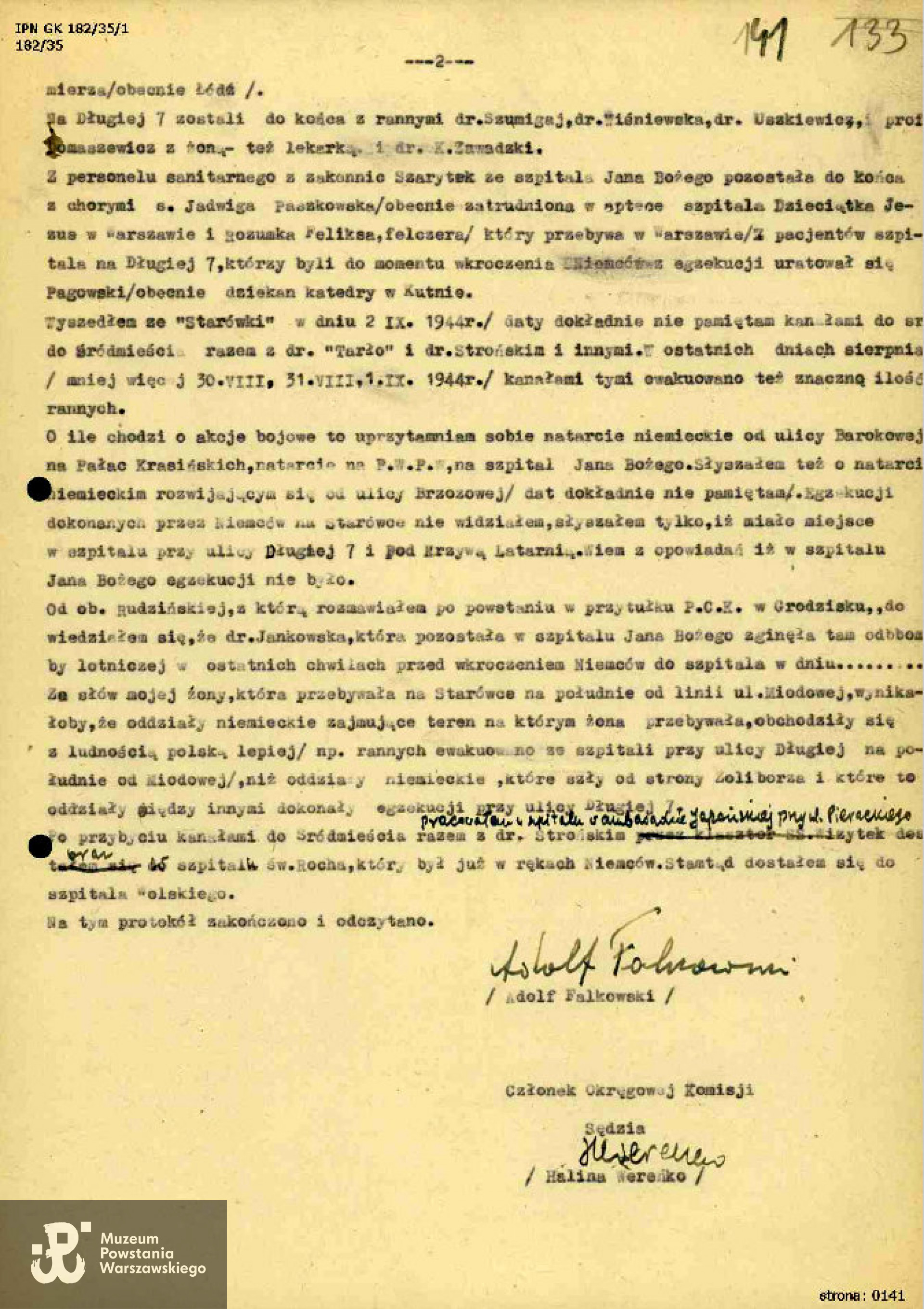 Zeznanie złożone przed Okręgową Komisją Badania Zbrodni Niemieckich, Warszawa, 7 listopada 1947 roku, źródło Zapisy terroru /IPN