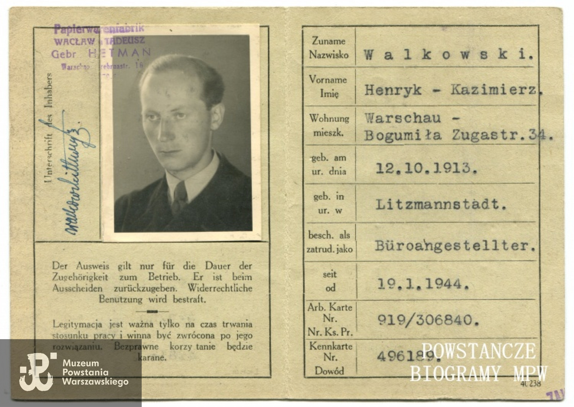 Ausweis z okresu okupacji niemieckiej. Fot. archiwum rodzinne