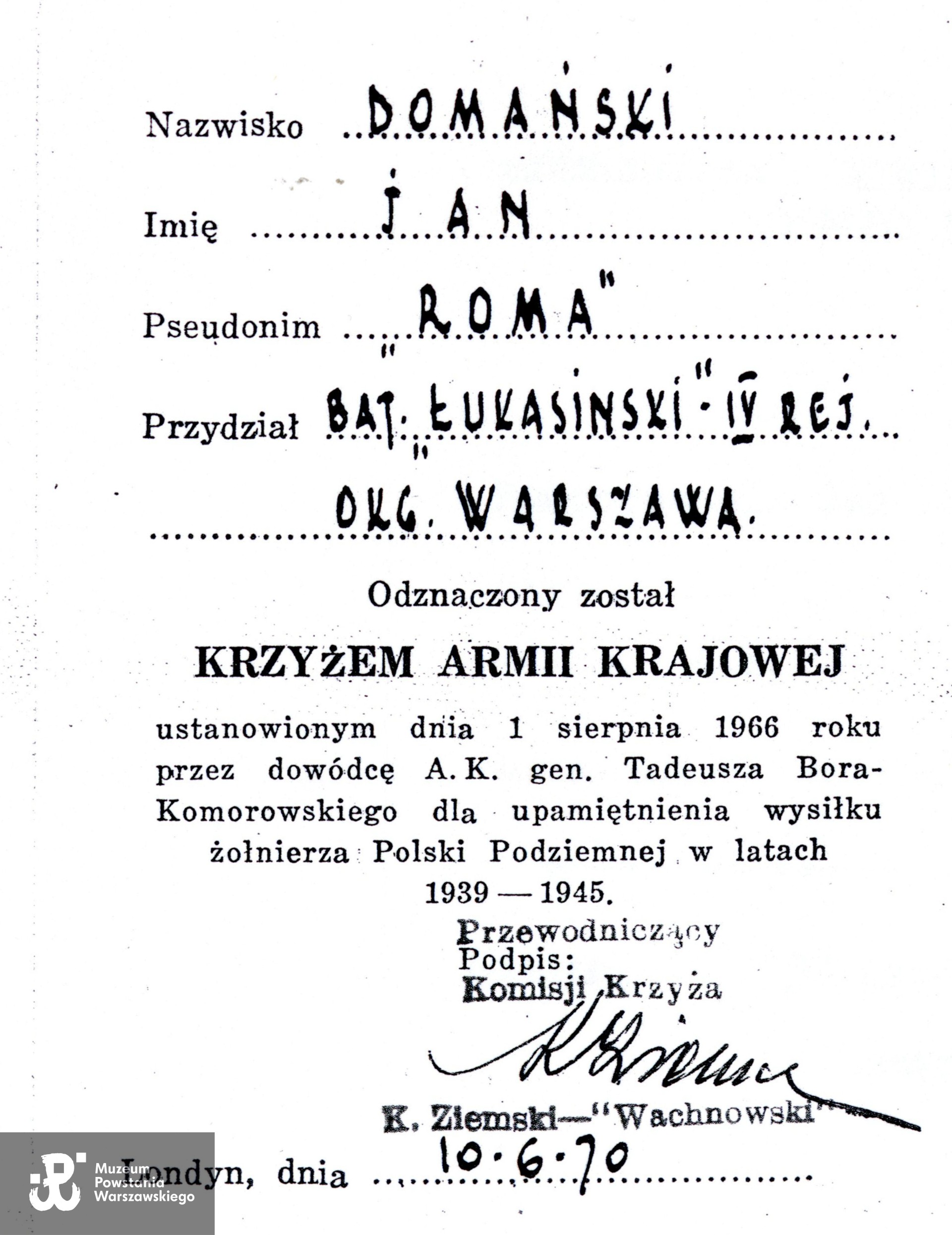 Źr. Muzeum Powstania Warszawskiego, Teczki personalne uczestników Powstania Warszawskiego: Domański Jan