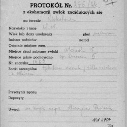 Protokół z ekshumacji zwłok. Zbiory Polskiego Czerwonego Krzyża