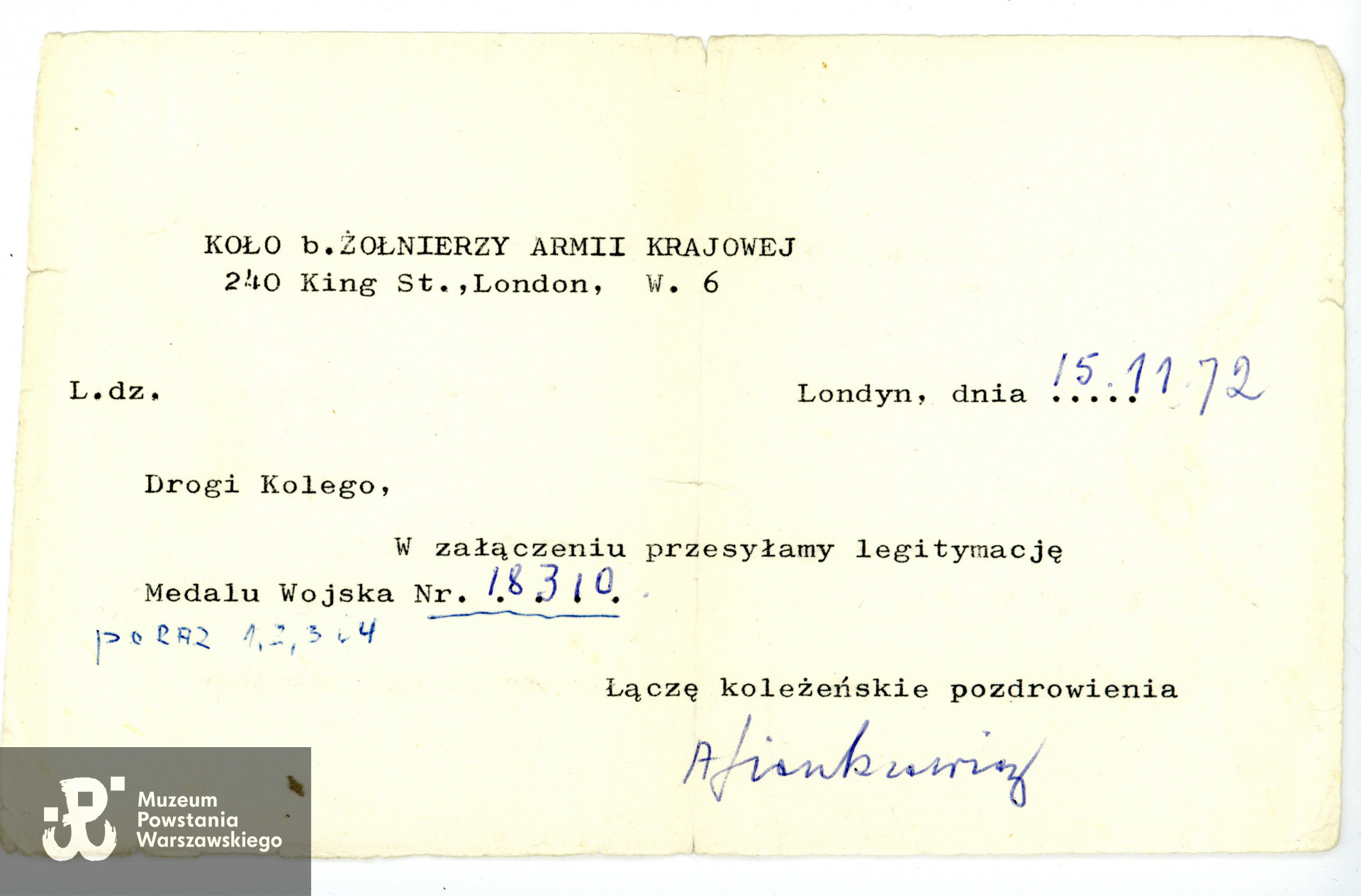 List od Koła Byłych Żołnierzy AK w Londynie. Ze zbiorów prywatnych p. Mikołaja Paciorka