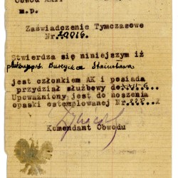Zaświadczenie tymczasowe nr 20016 (legitymacja AK), z dnia 2.09.1944 wystawiona przez Komendanta II Obwodu Żoliborz (kryptonim „XXII„) ppłk. Mieczysława Niedzielskiego ”Żywiciela