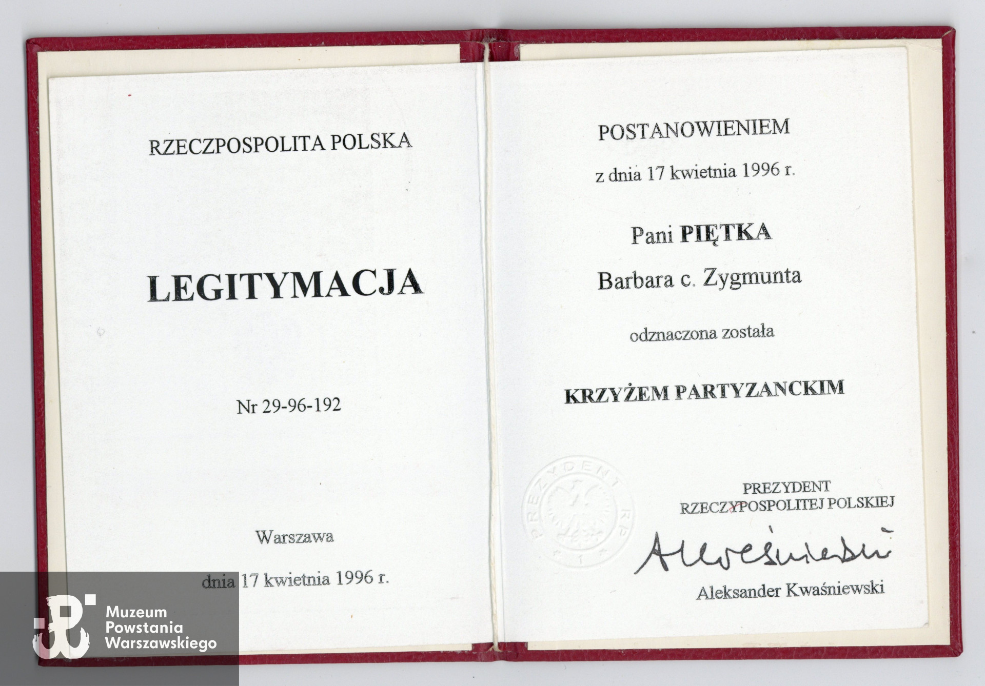 Dokument ze zbiorów rodzinnych p. Barbary Piętki