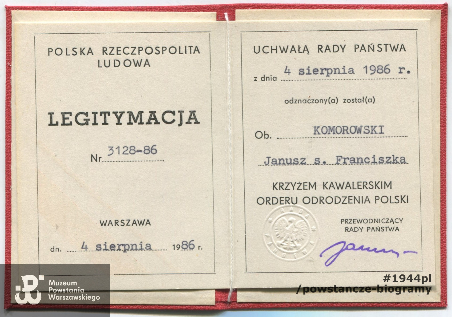 Legitymacja odznaczeniowa ze zbiorów p. Janusza Komorowskiego ps. „Antek”. Skan - materiały do Słownika Uczestników PW/Pokój Kombatanta MPW