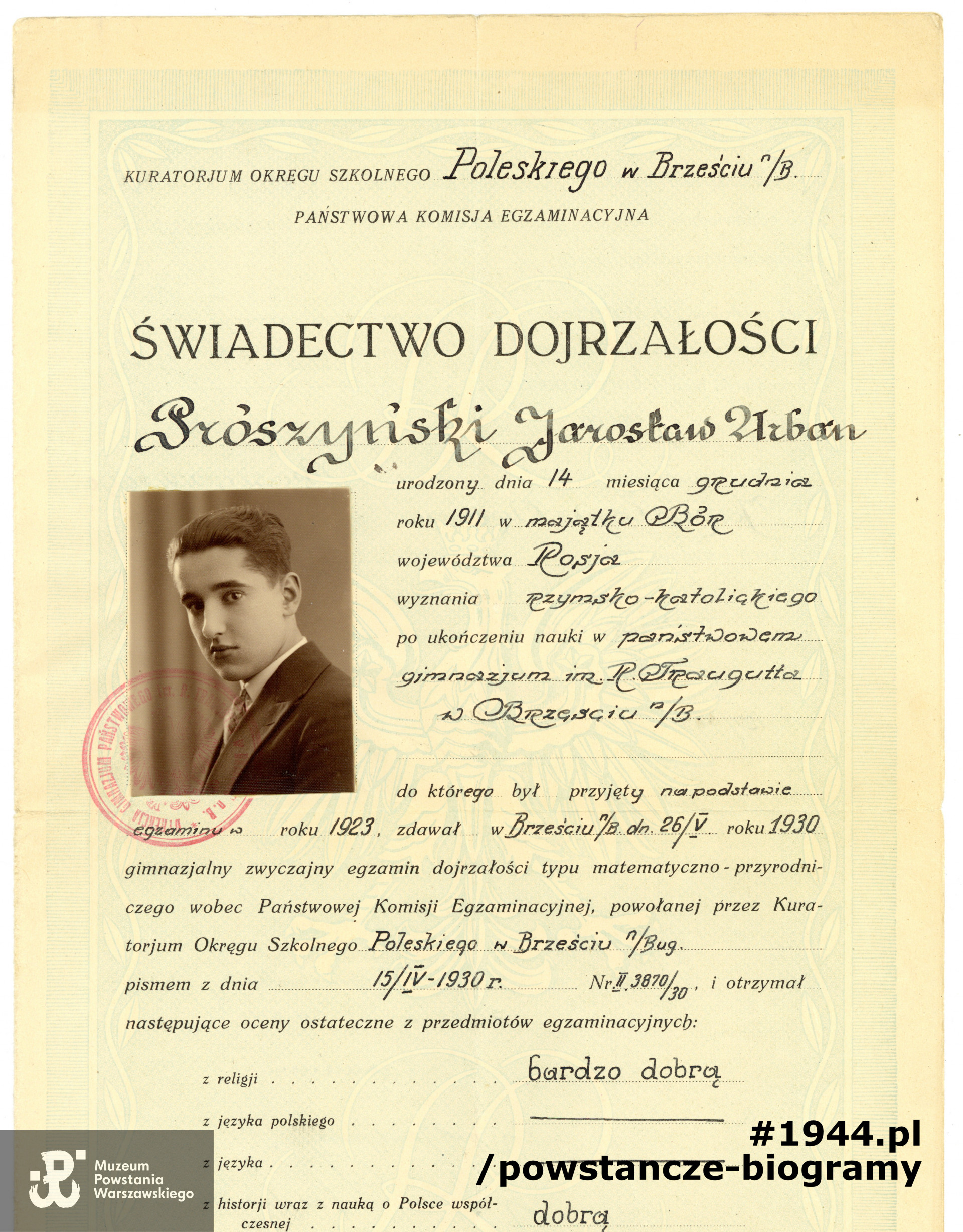 Świadectwo maturalne. Z archiwum rodzinnego p. Krystyny Prószyńskiej