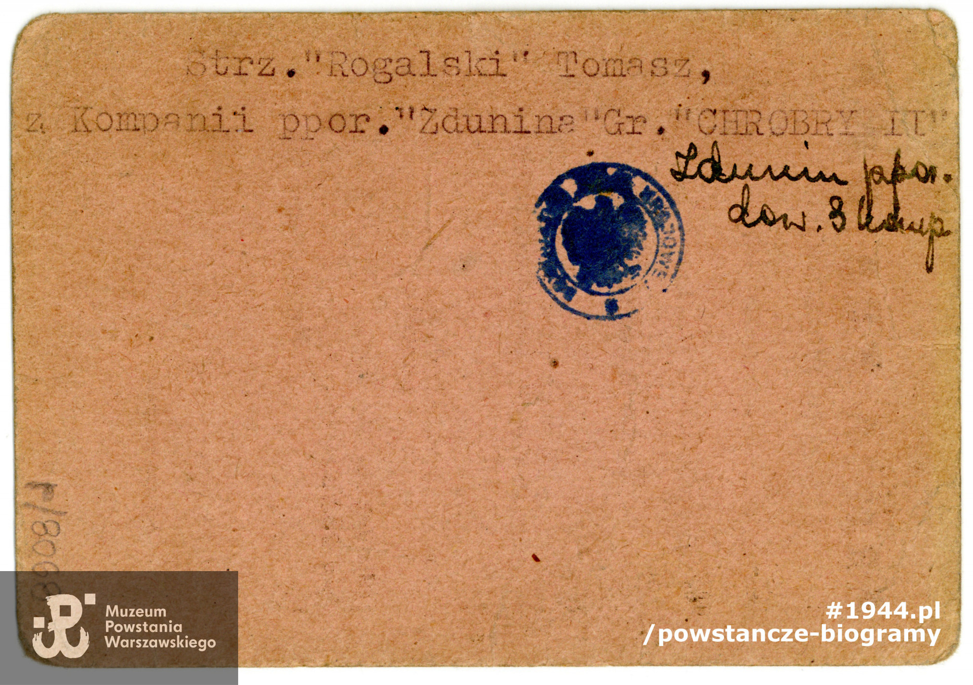  Należąca do Tomasza Breitkopfa legitymacja Armii Krajowej - rewers. Ze zbiorów Muzeum Powstania Warszawskiego, sygn. P/8068