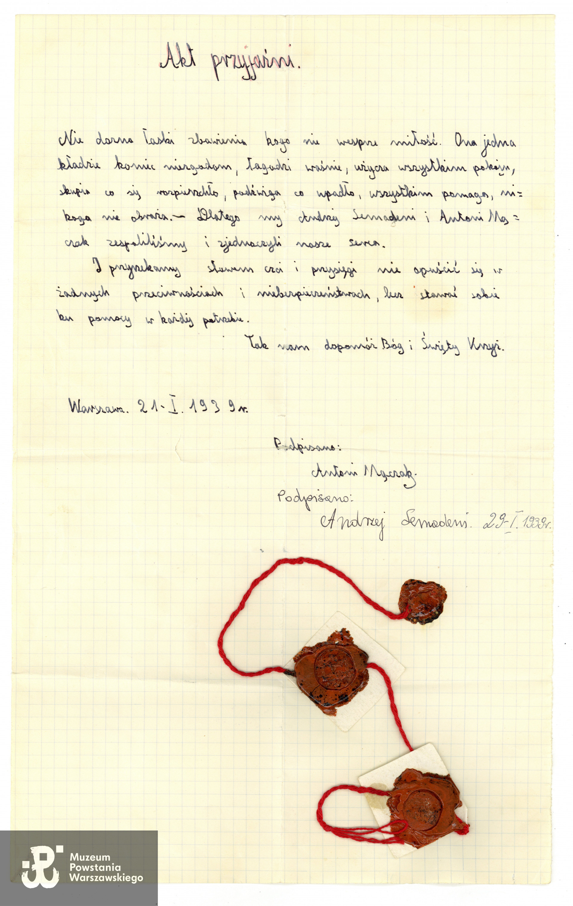 Uroczysty "Akt przyjaźni" z dnia 21 stycznia 1939 roku spisany przez dwóch przyjaciół: Antoniego Mączaka (1928-2003) i Andrzeja (Allana) Semadeniego (1928-1944). Archiwum rodziny Semadenich, do wykonania kopii udostępnił p. Zbigniew Semadeni.