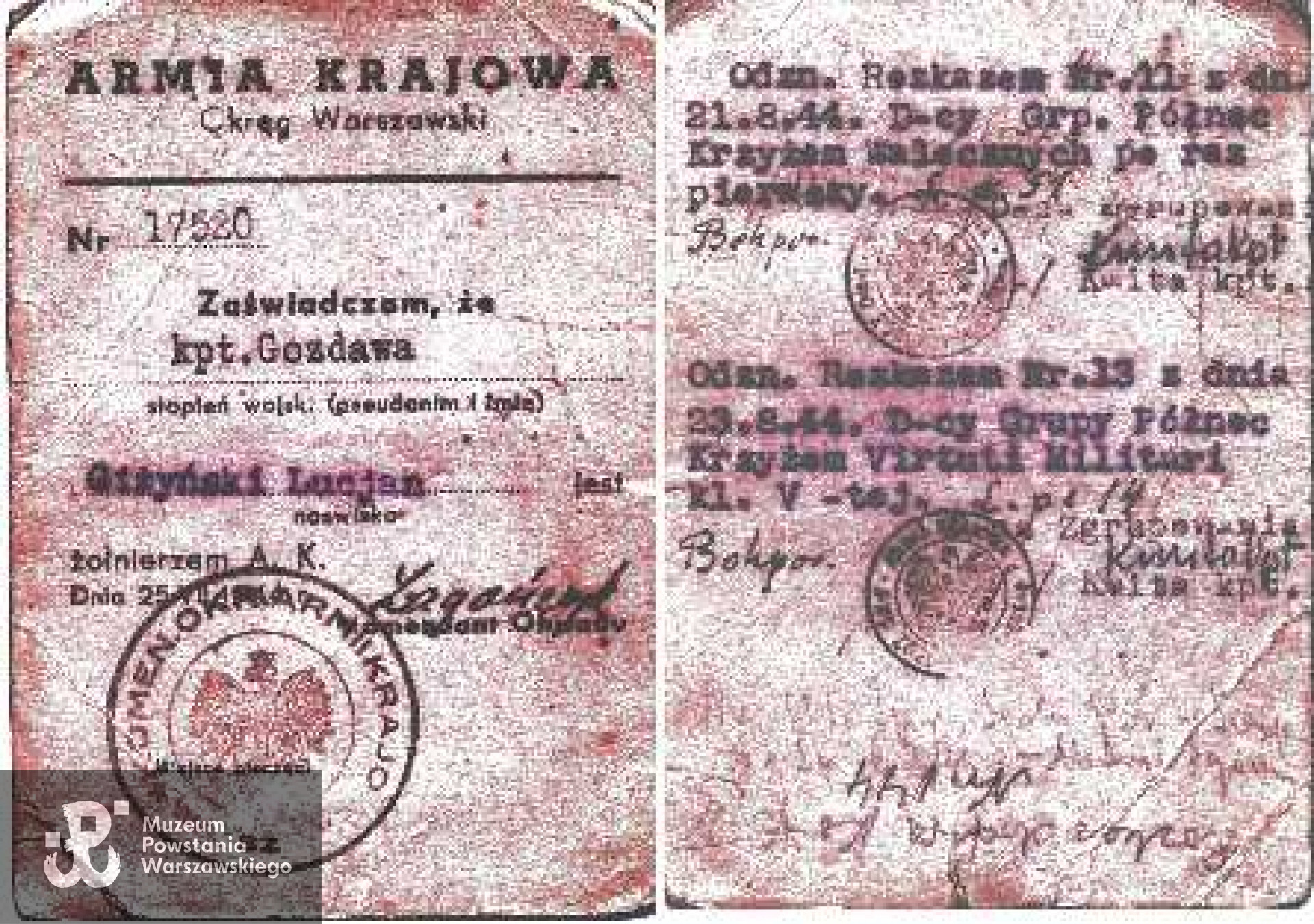 Powstanie Warszawskie - legitymacja AK kpt. "Gozdawy"