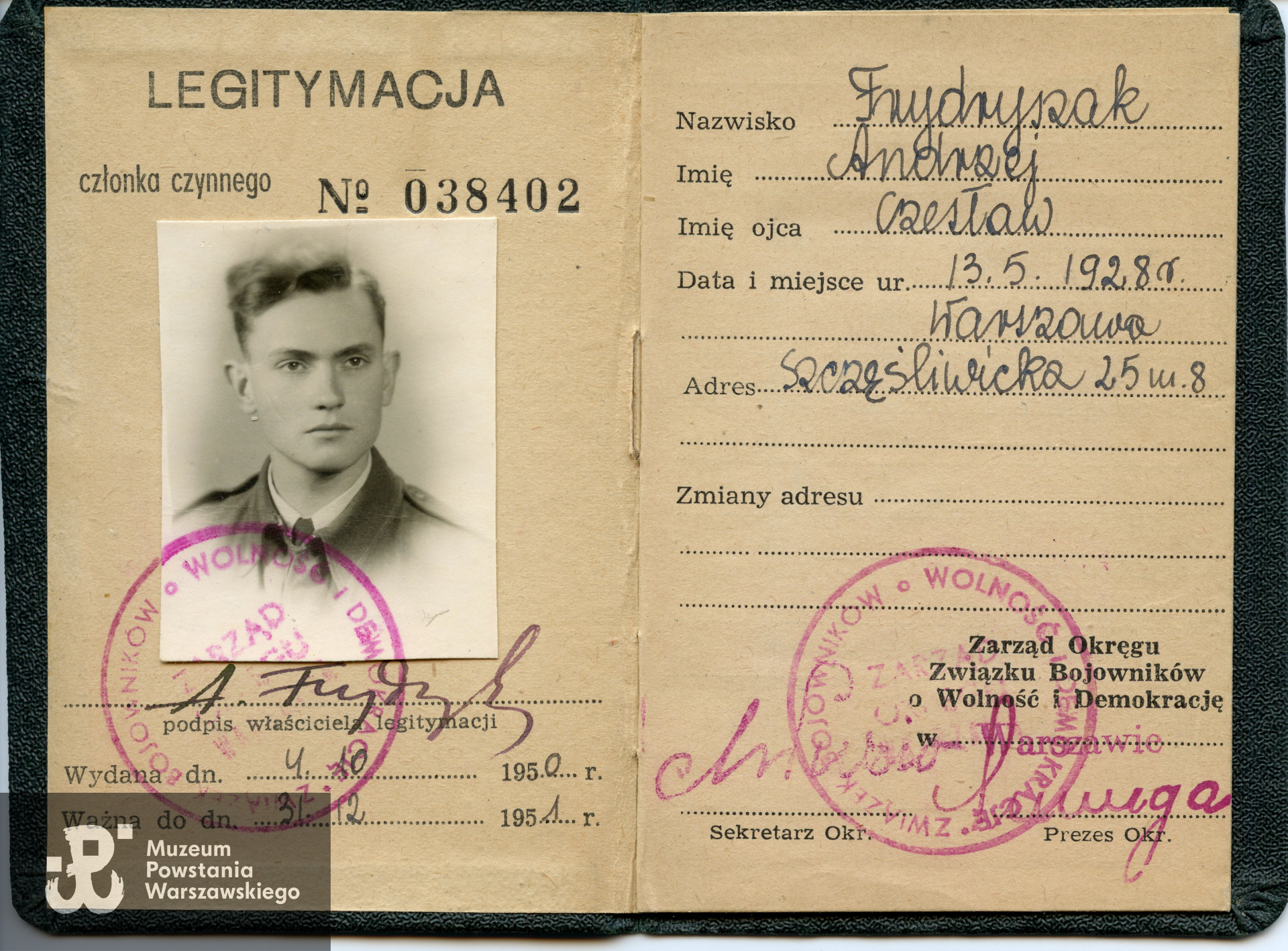 Legitymacje ZBoWiD, 1950-1951.Dokument ze zbiorów rodzinnych p. Andrzeja Frydryszaka ps. Michał