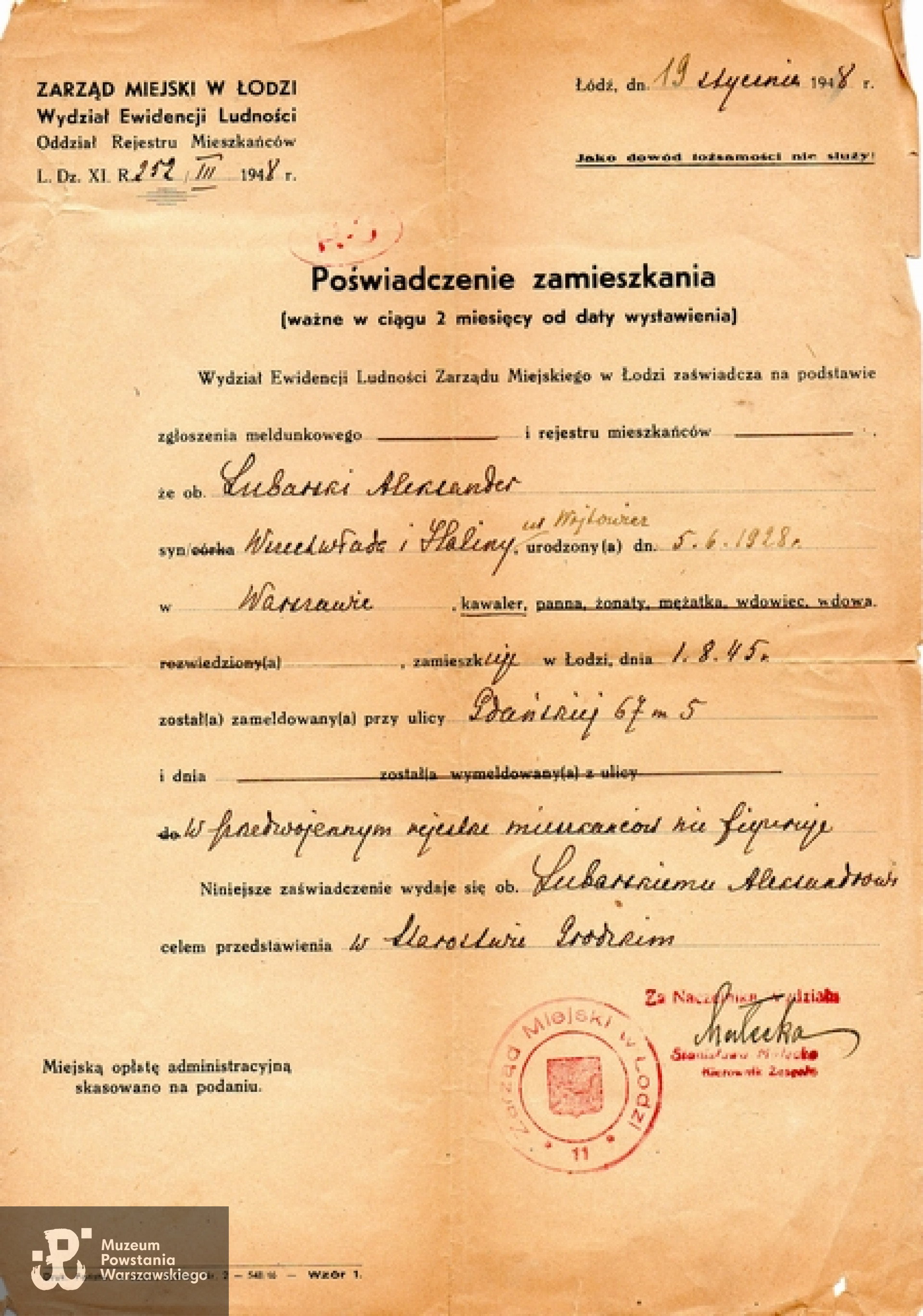 Poświadczenie zamieszkania w Łodzi w 1945 r. Ze zbiorów brata Marka Axentowicza. Archiwum 2. HBAP "Żbik"/ Jan Wawszczyk