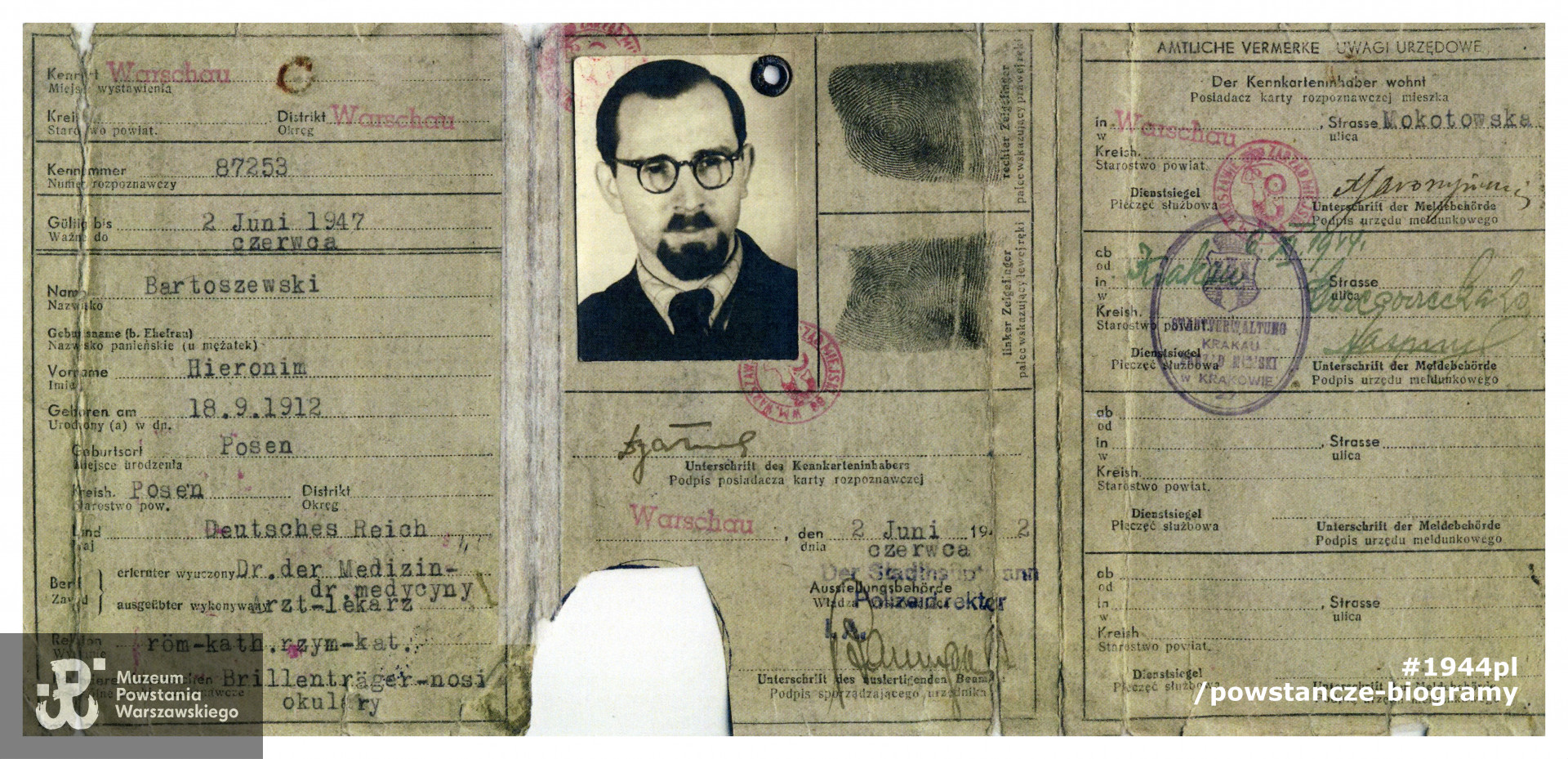 Należąca do dr. Hieronima Bartoszewskiego Kennkarta z okresu okupacji niemieckiej. Dokument ze  zbiorów rodzinnych